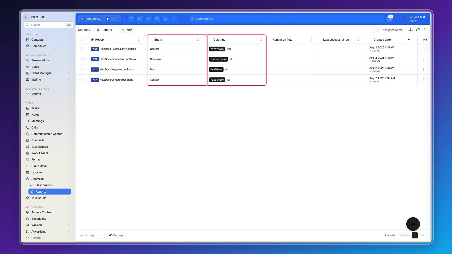 Reports list with the Entity and Columns columns highlighted, showing reports based on Contact, Company and Deal