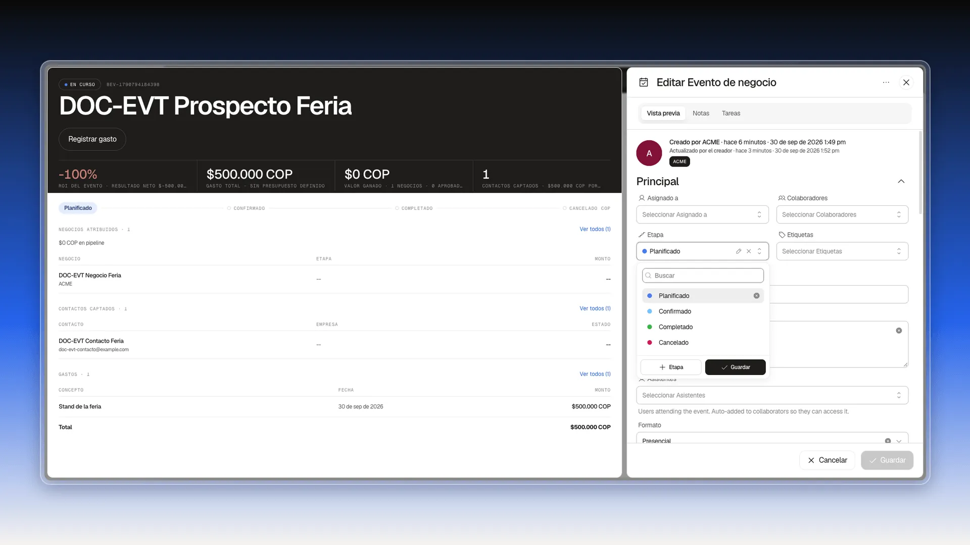 Selector Etapa del panel de edición abierto con las opciones Planificado, Confirmado, Completado y Cancelado