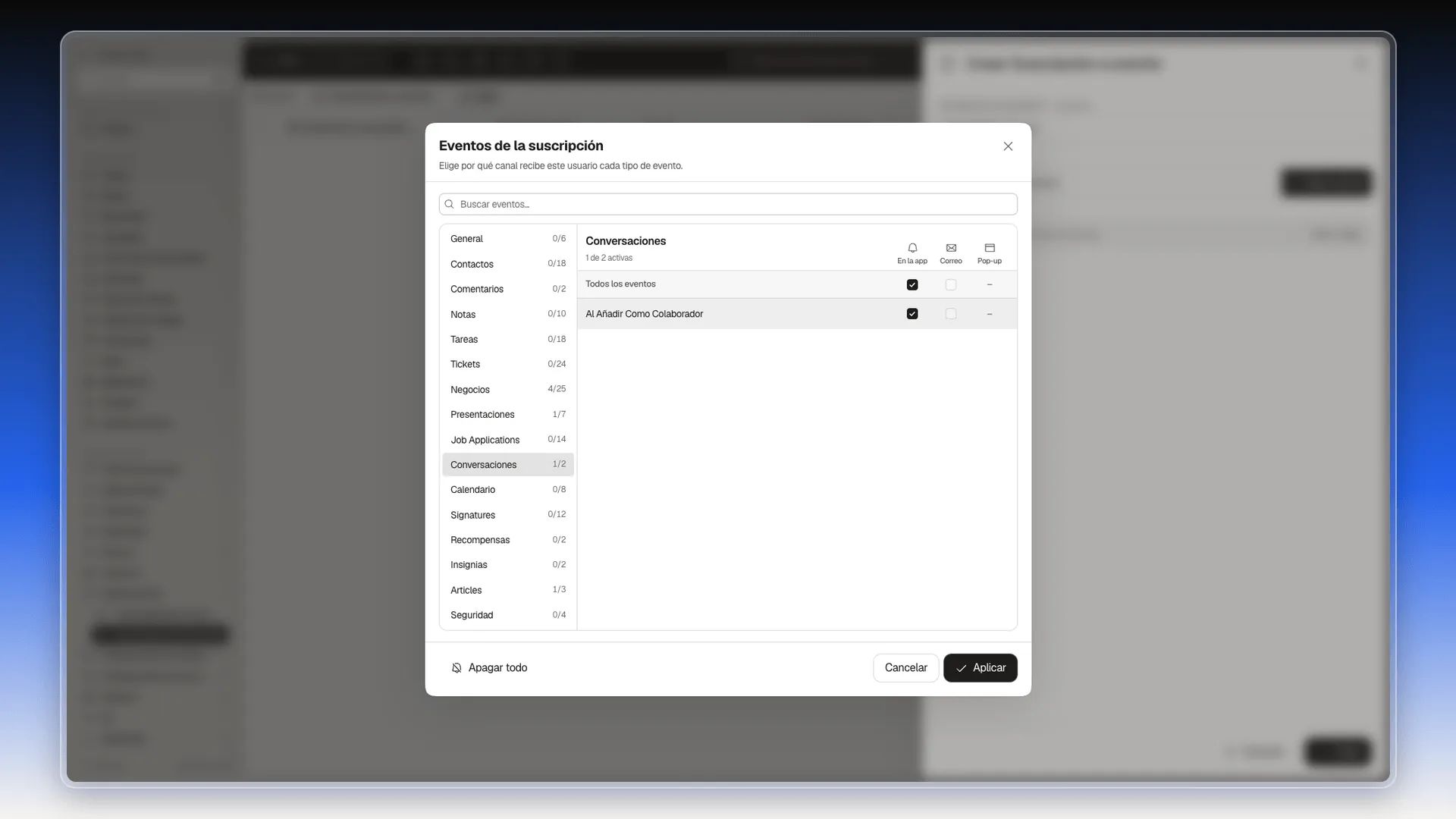 Cuadro Eventos de la suscripción con la categoría Conversaciones y el evento Al Añadir Como Colaborador