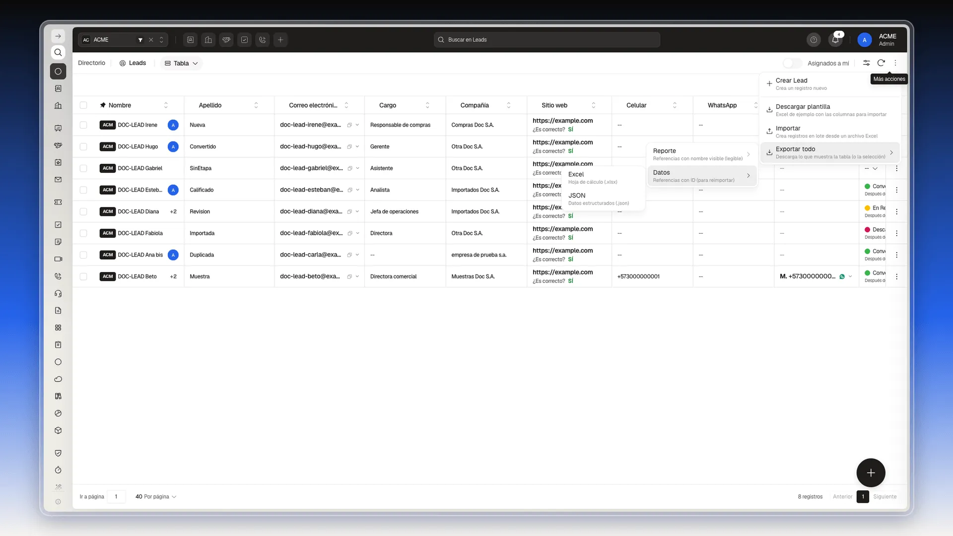 Submenú de Exportar todo con Reporte y Datos, y el tercer nivel con Excel y JSON