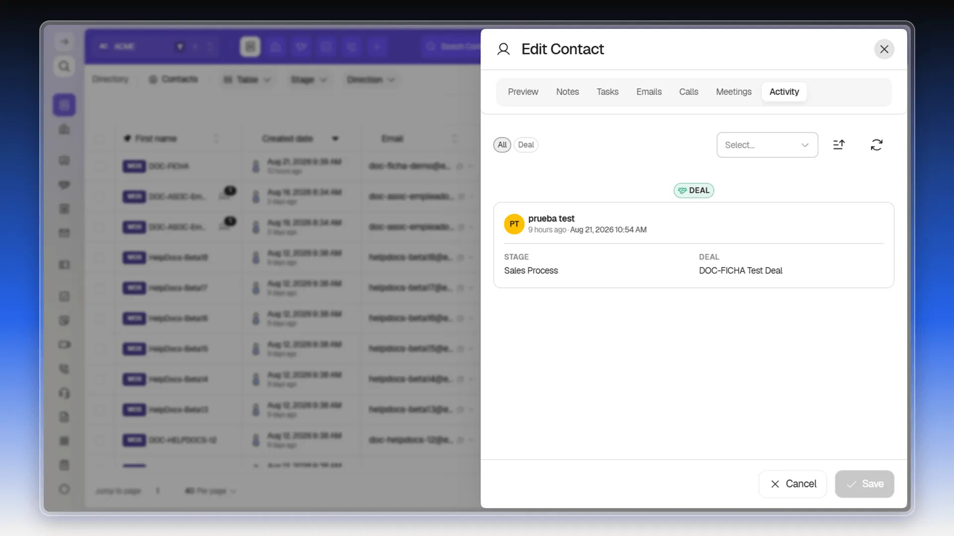Contact activity timeline with related deal events