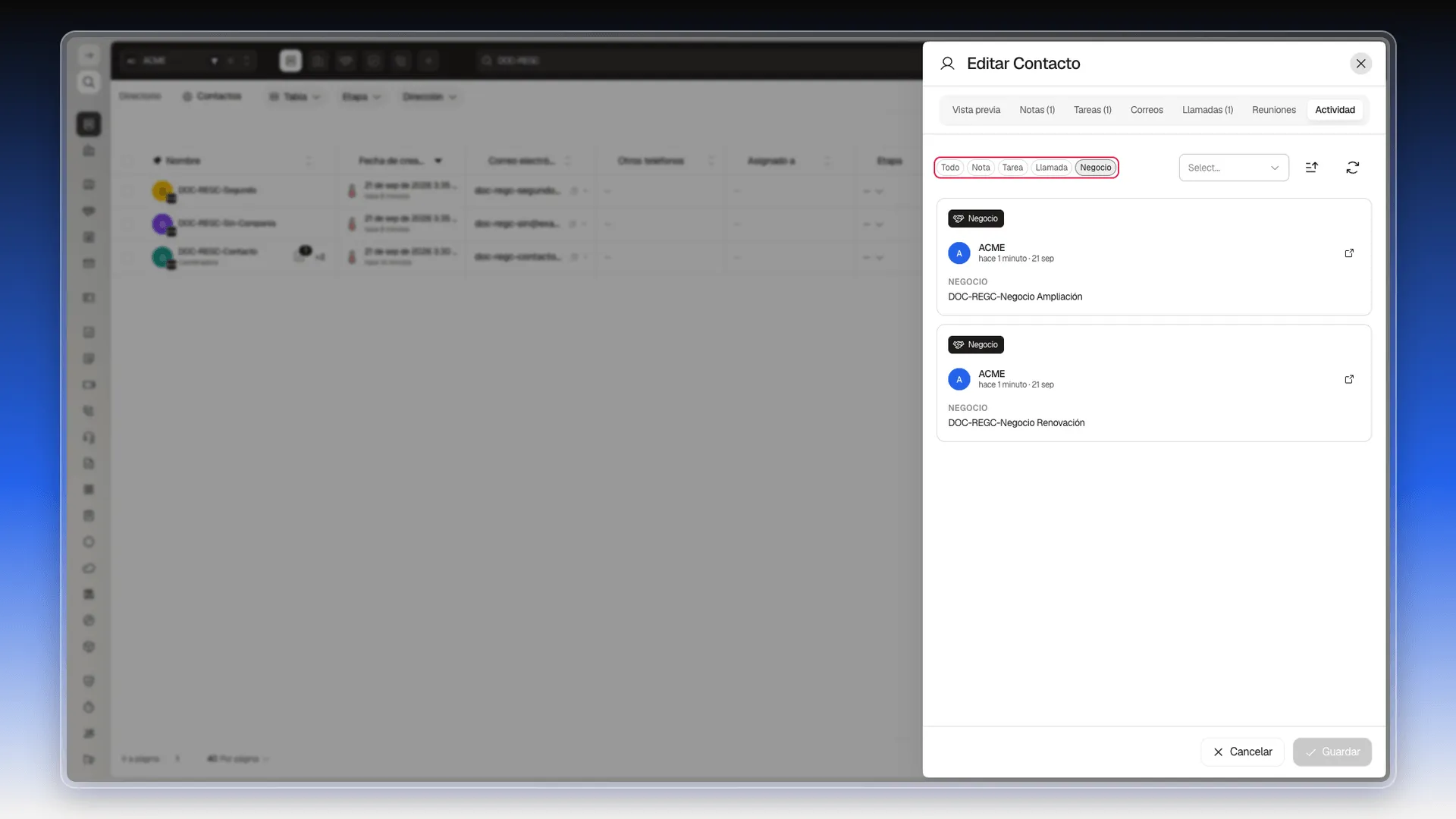 Pestaña Actividad con los filtros Todo, Nota, Tarea, Llamada y Negocio resaltados, con Negocio activo sobre dos tarjetas de negocio
