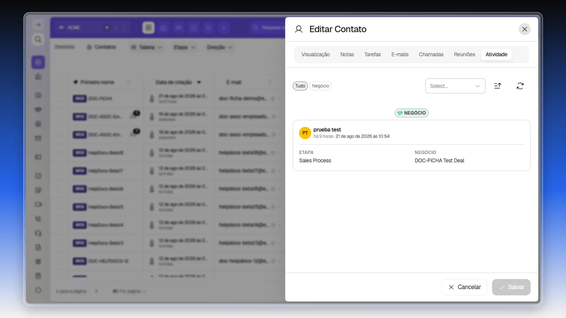 Linha do tempo de atividade do contato com eventos de negócios relacionados