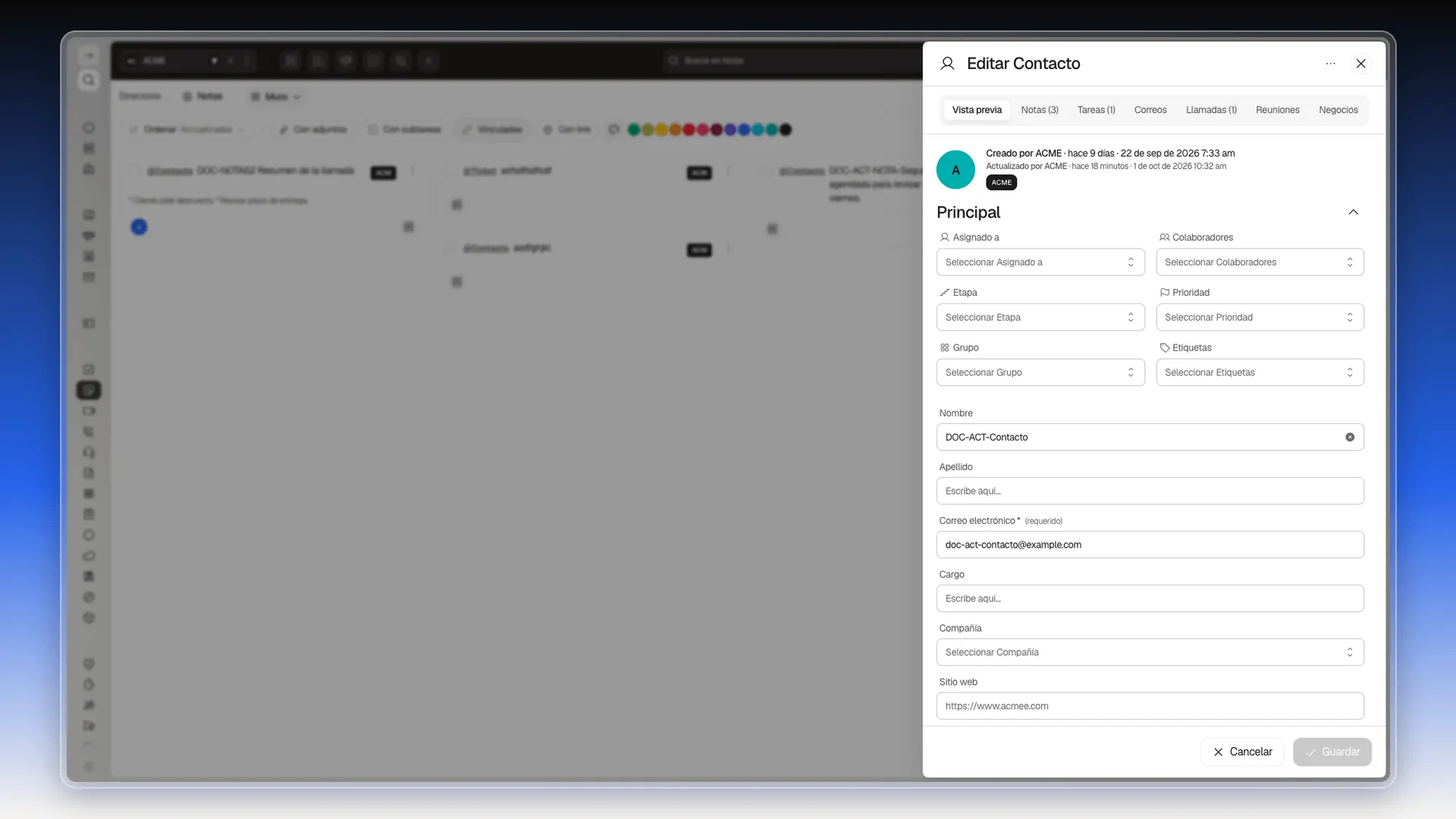Ficha de un contacto abierta desde una nota, con las pestañas Vista previa, Notas, Tareas, Correos, Llamadas, Reuniones y Negocios