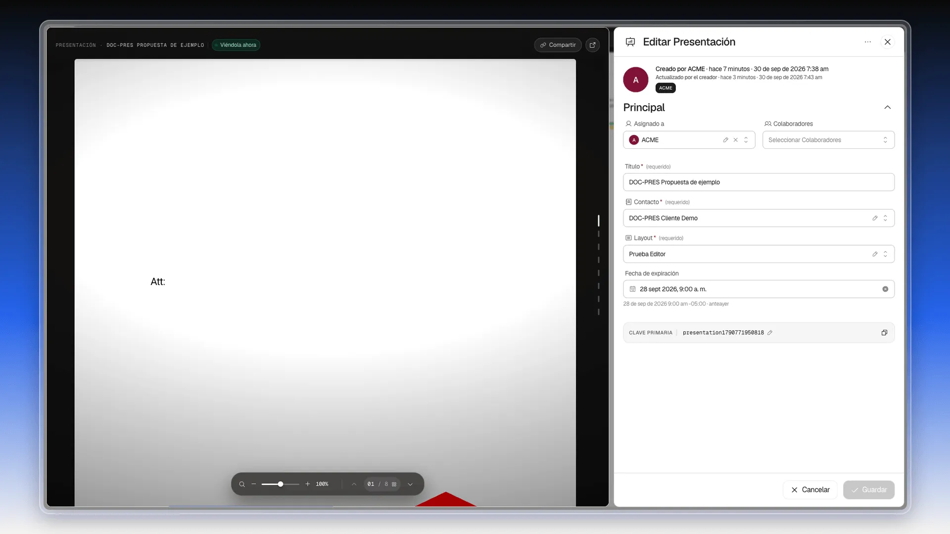 Ficha de una presentación con la vista previa del documento a la izquierda y los campos Asignado a, Título, Contacto, Layout y Fecha de expiración a la derecha