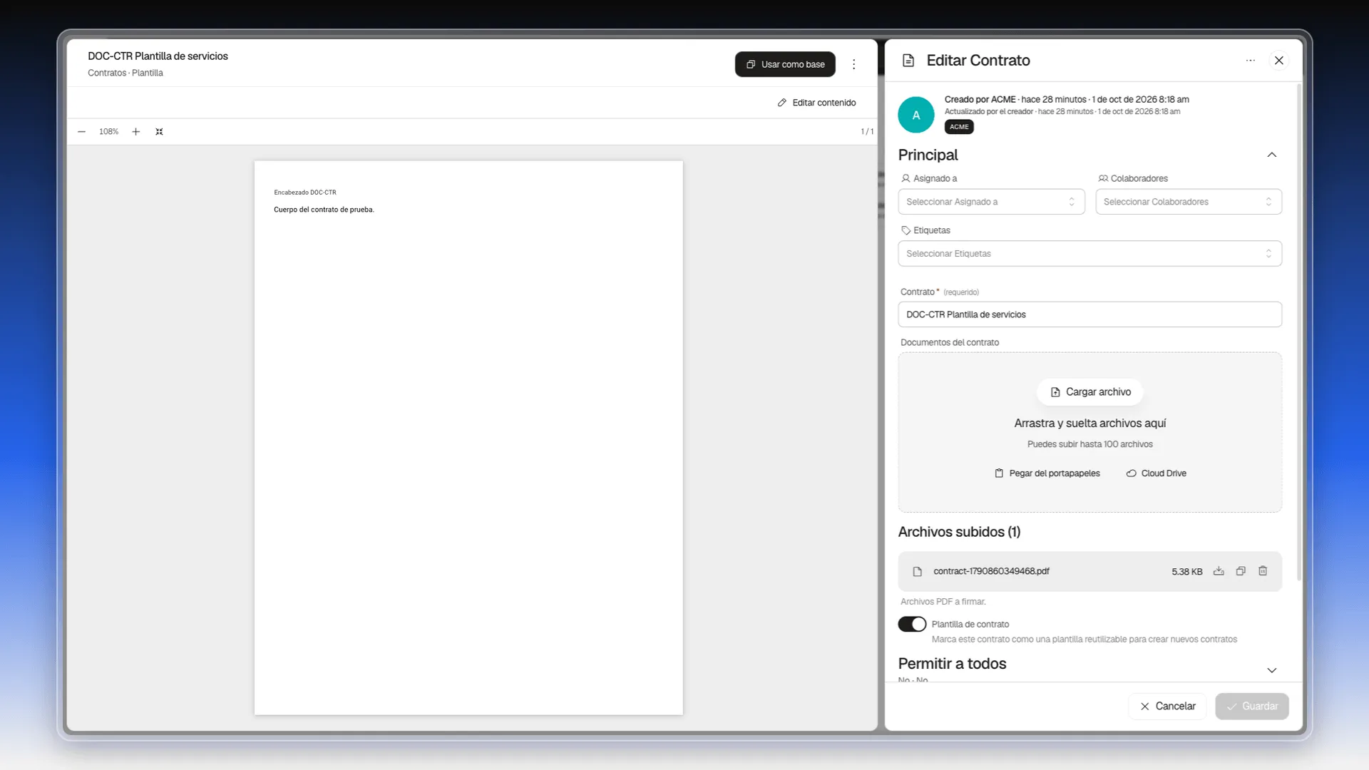 Ficha de una plantilla con el botón Usar como base, el documento a la izquierda y el interruptor Plantilla de contrato activo