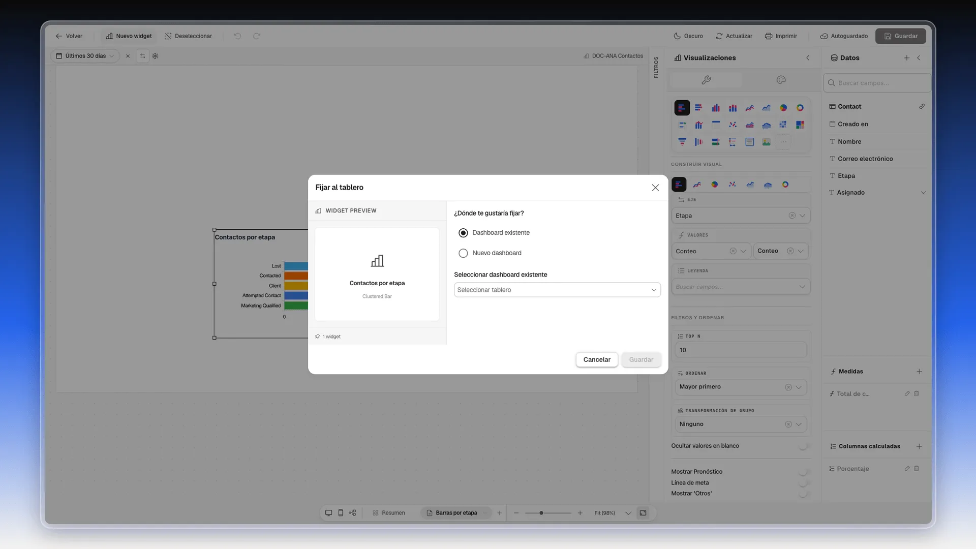Cuadro Fijar al tablero con la vista previa del widget y las opciones Dashboard existente y Nuevo dashboard
