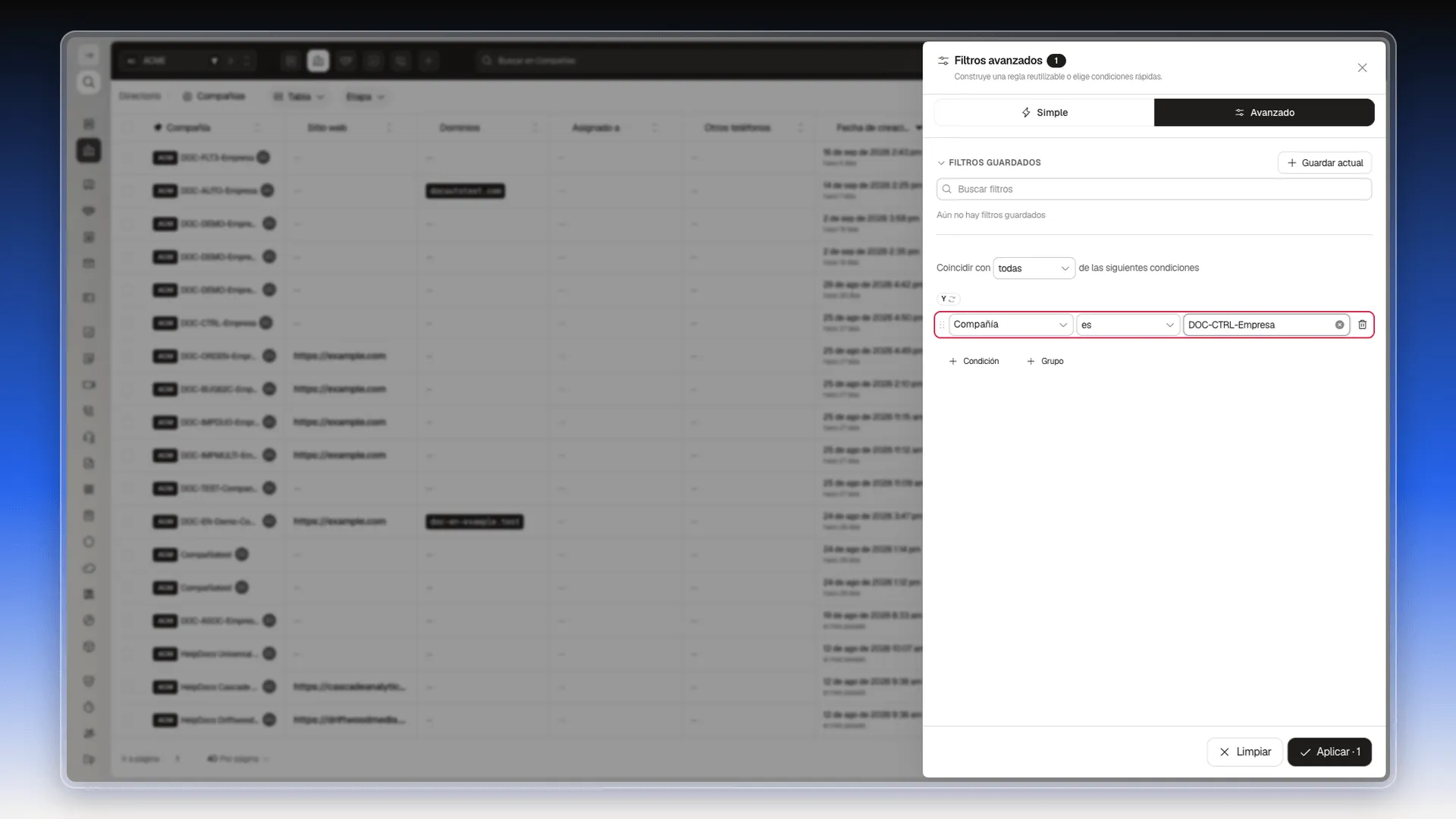 Creador de filtros avanzados con la condición Compañía es DOC-CTRL-Empresa