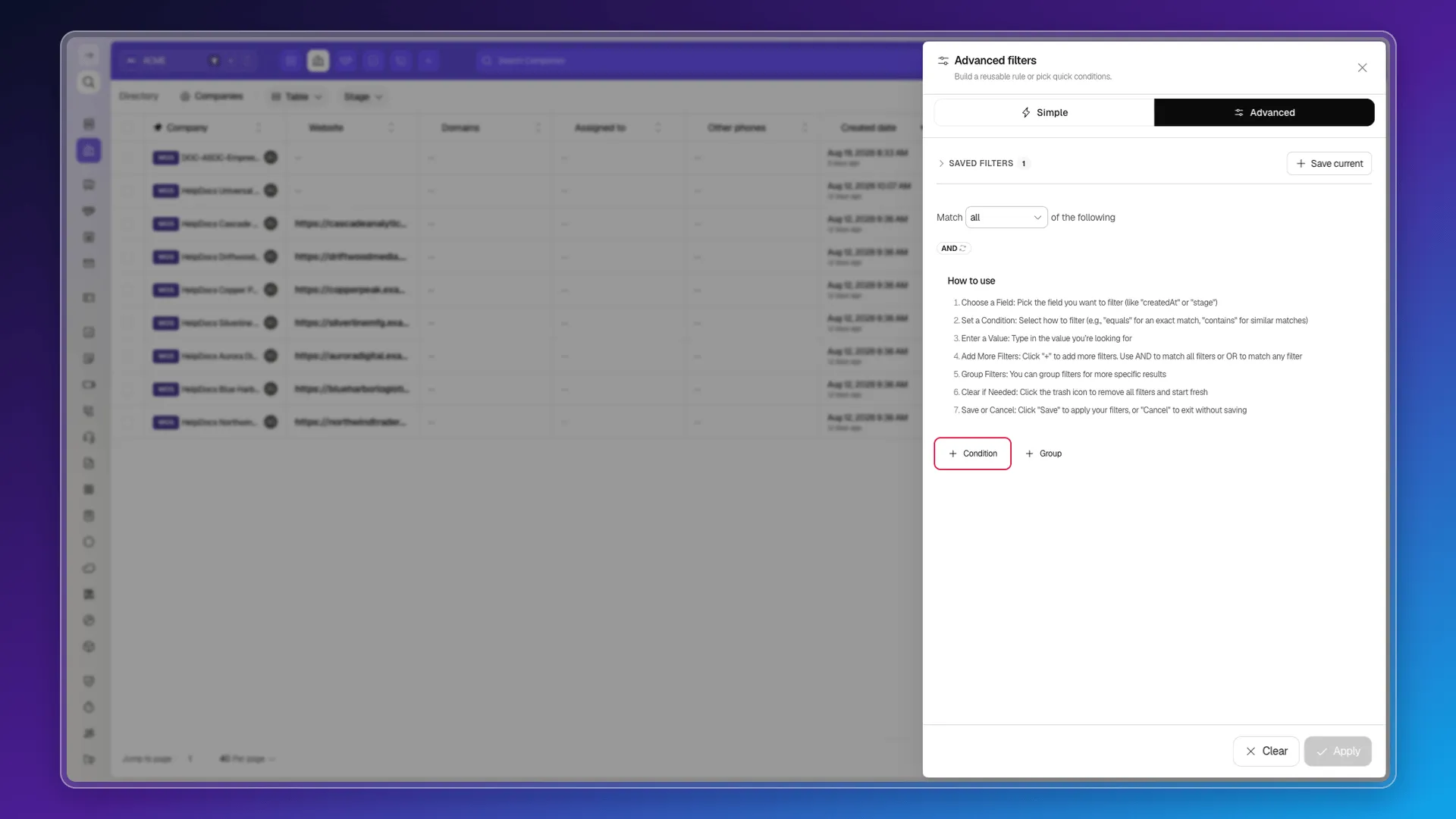 Advanced filter builder with a company condition