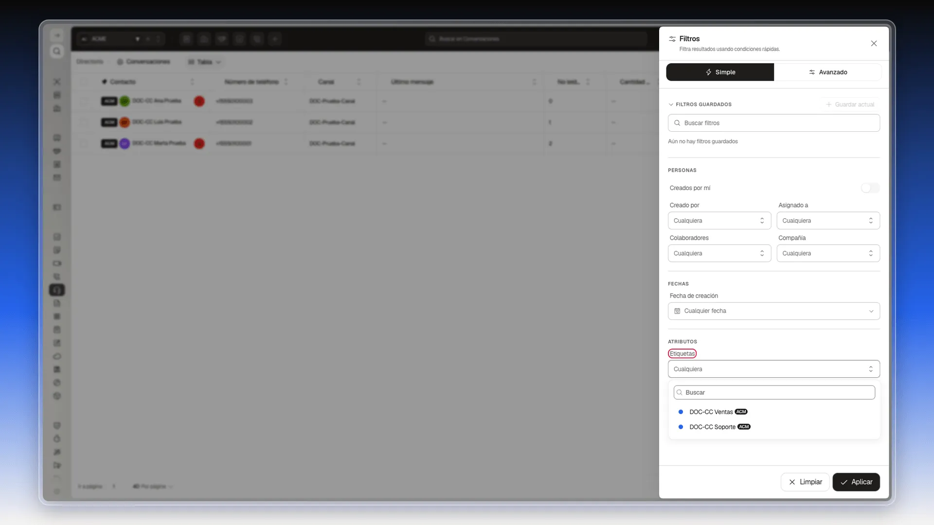 Panel Filtros con el selector Etiquetas resaltado y las etiquetas disponibles