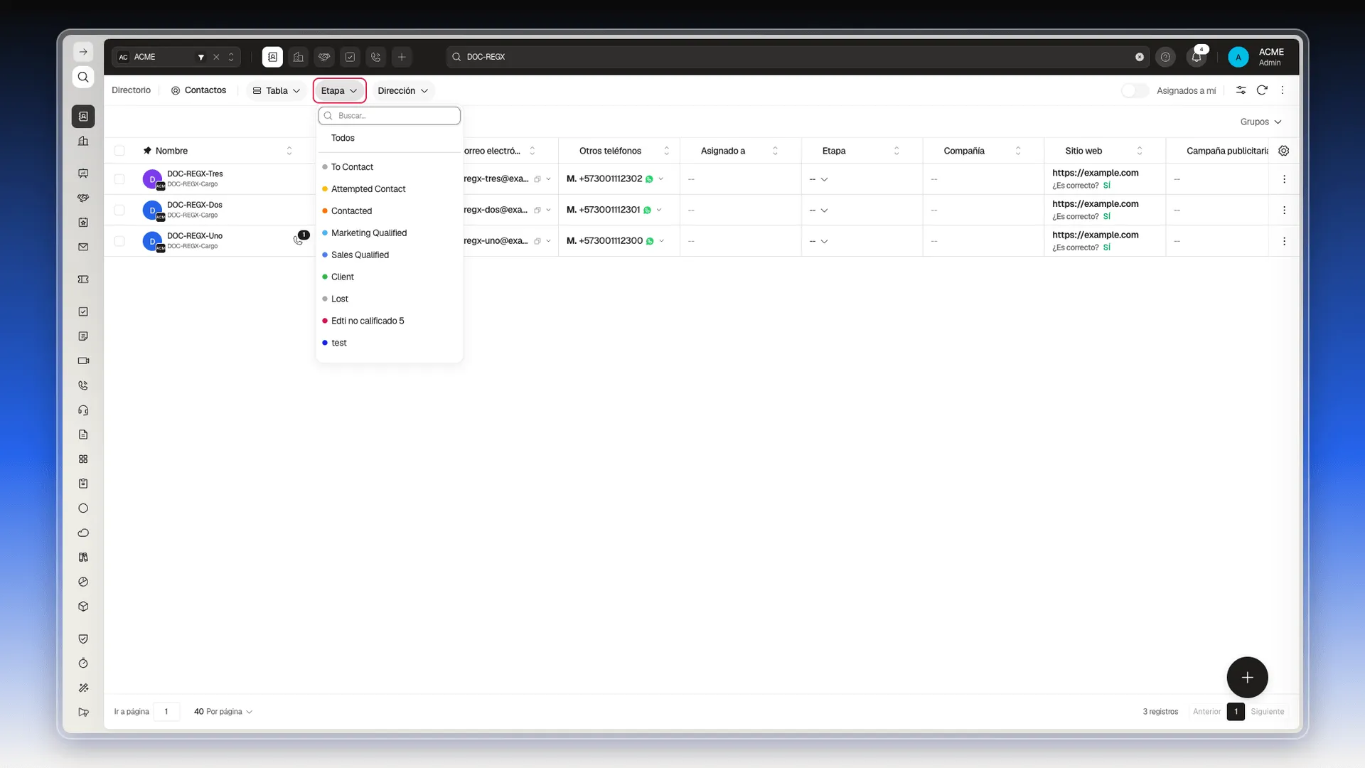 Filtro rápido Etapa resaltado en la barra de Contactos, con su lista de etapas desplegada