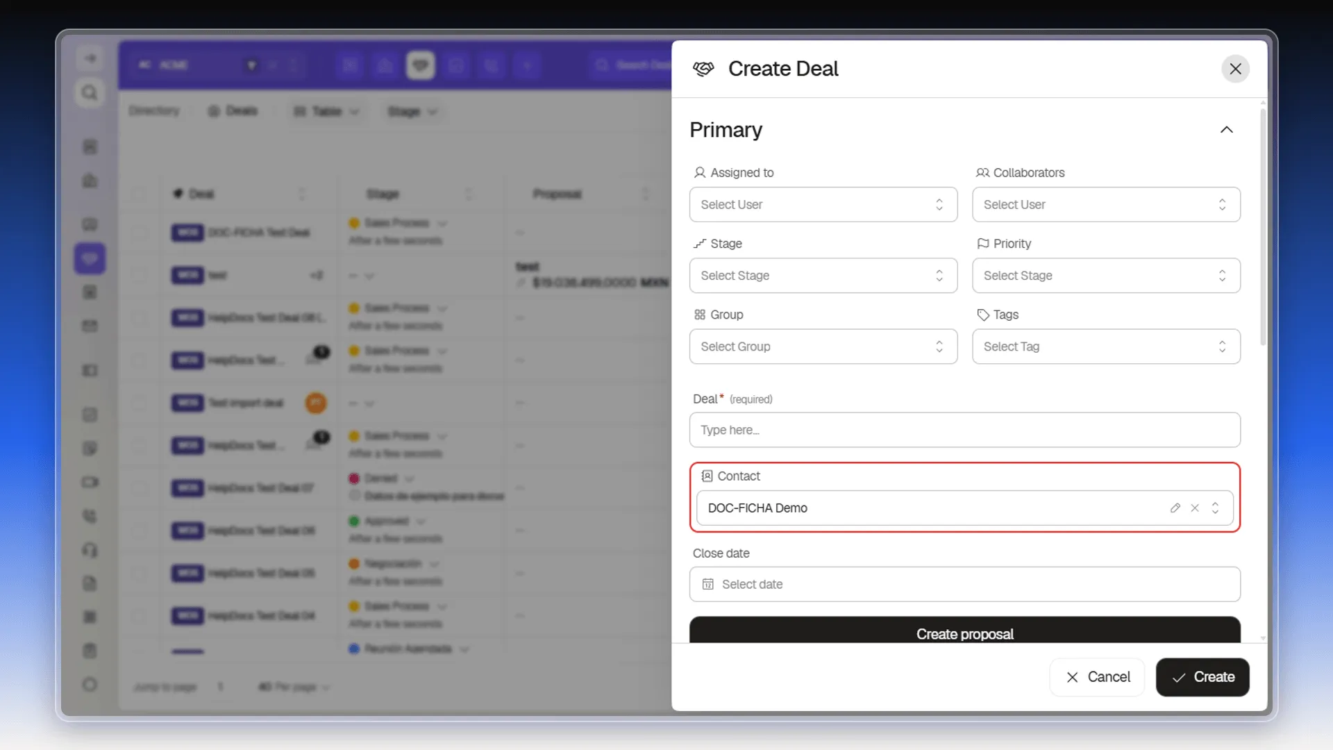 Create Deal form with the Contact field already filled in with the originating contact
