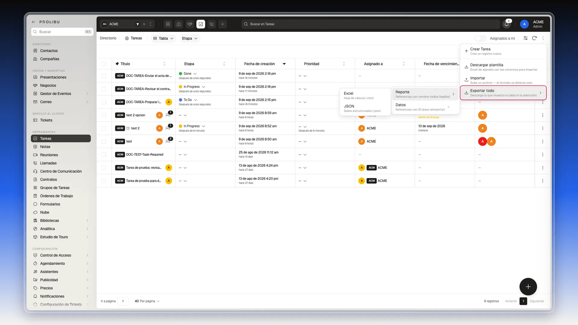 Menú de exportación con sus tres niveles: Exportar todo, Reporte o Datos, y Excel o JSON