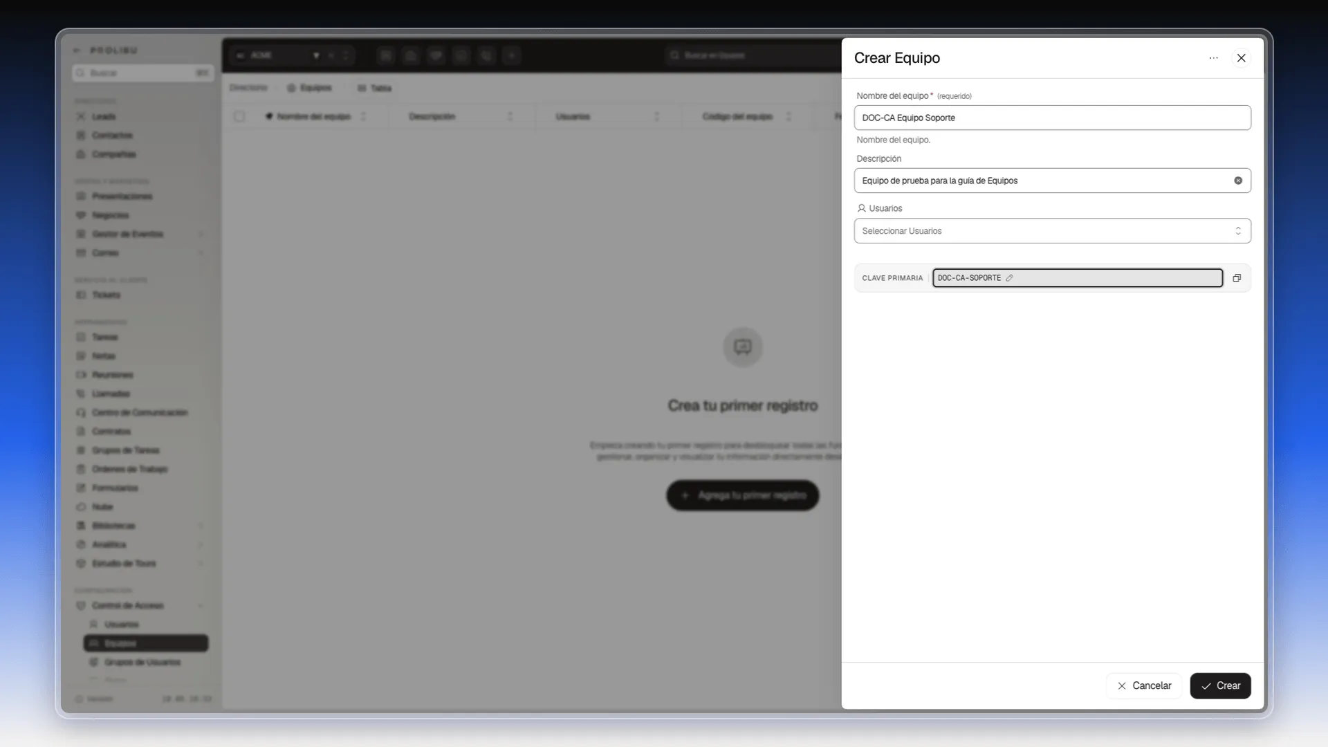 Panel Crear Equipo con el nombre, la descripción y el código DOC-CA-SOPORTE definido