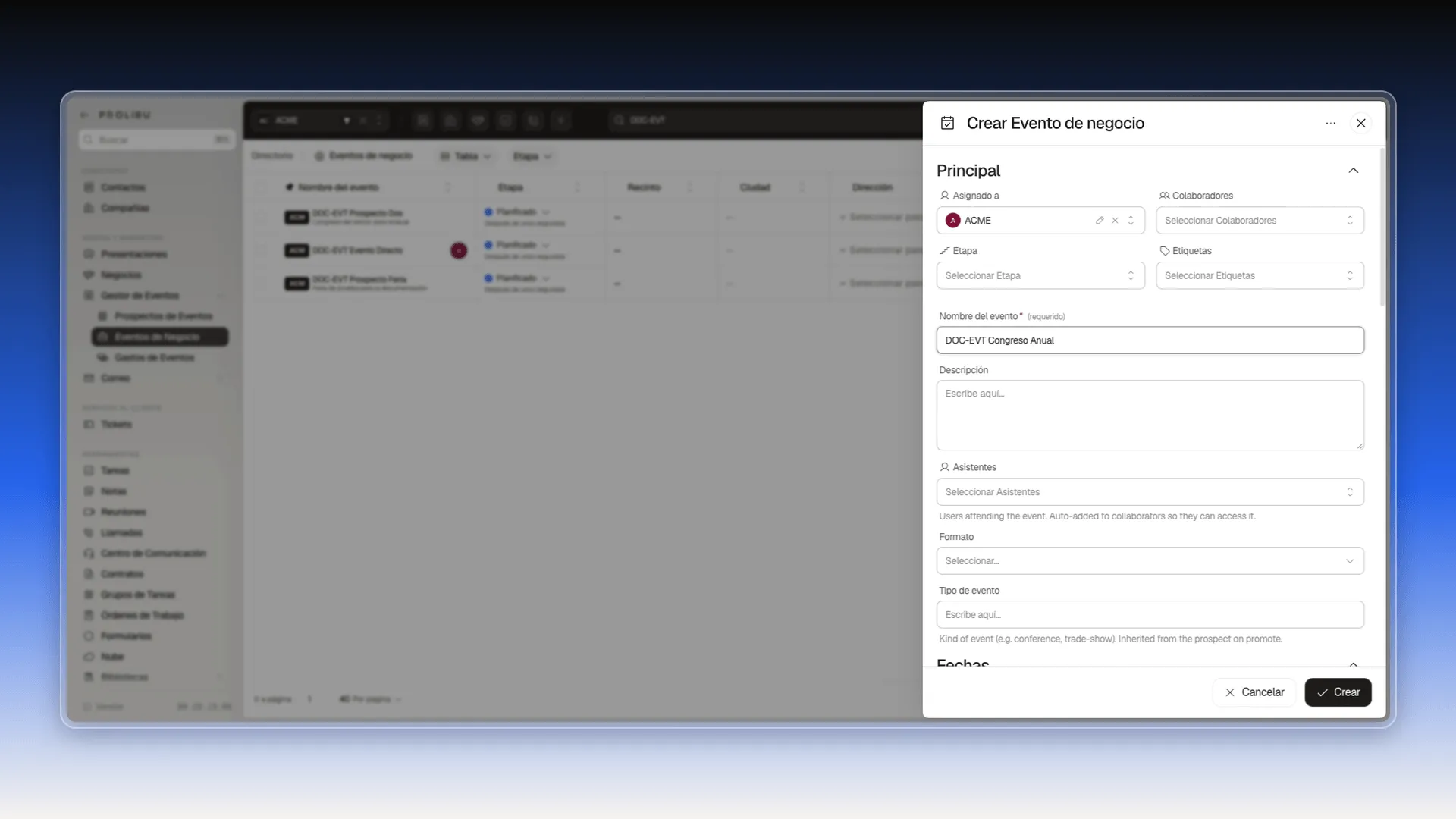 Panel Crear Evento de negocio con el nombre del evento escrito, y los campos Descripción, Asistentes, Formato y Tipo de evento