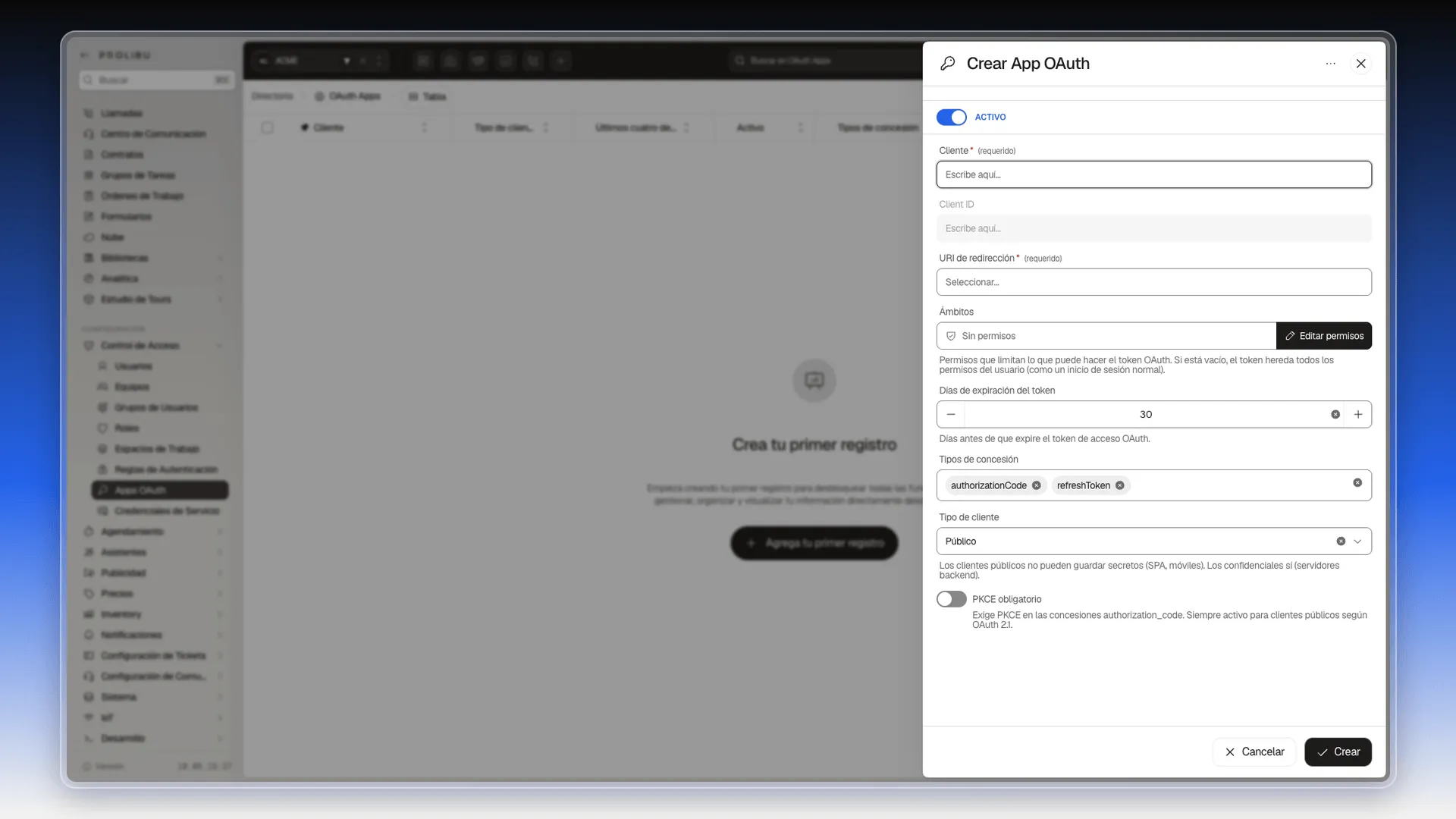 Panel Crear App OAuth con los campos Cliente, Client ID, URI de redirección, Ámbitos, Días de expiración del token, Tipos de concesión, Tipo de cliente y PKCE obligatorio