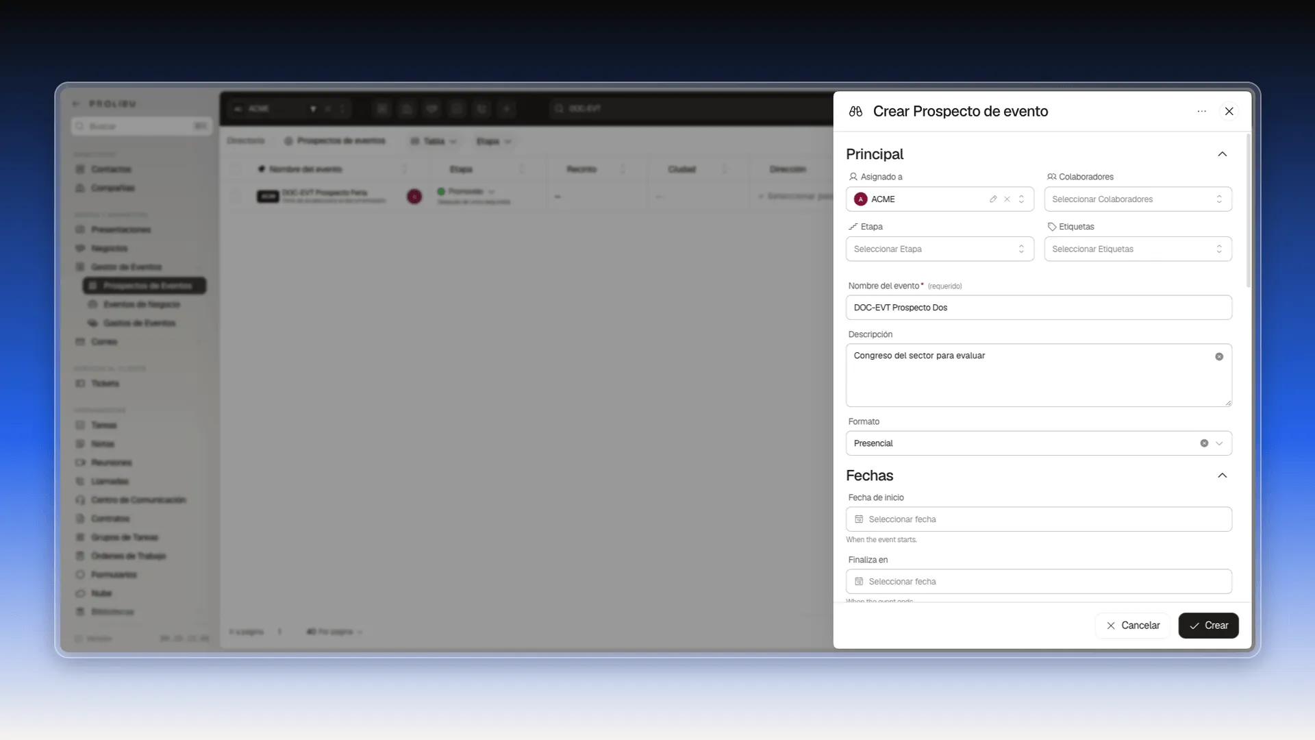 Panel Crear Prospecto de evento con el nombre, la descripción y el formato Presencial ya rellenados