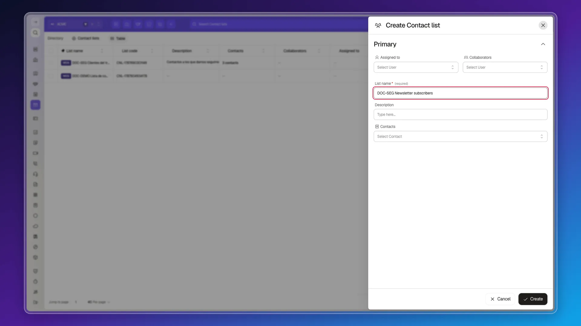 Create Contact list panel with the List name field highlighted