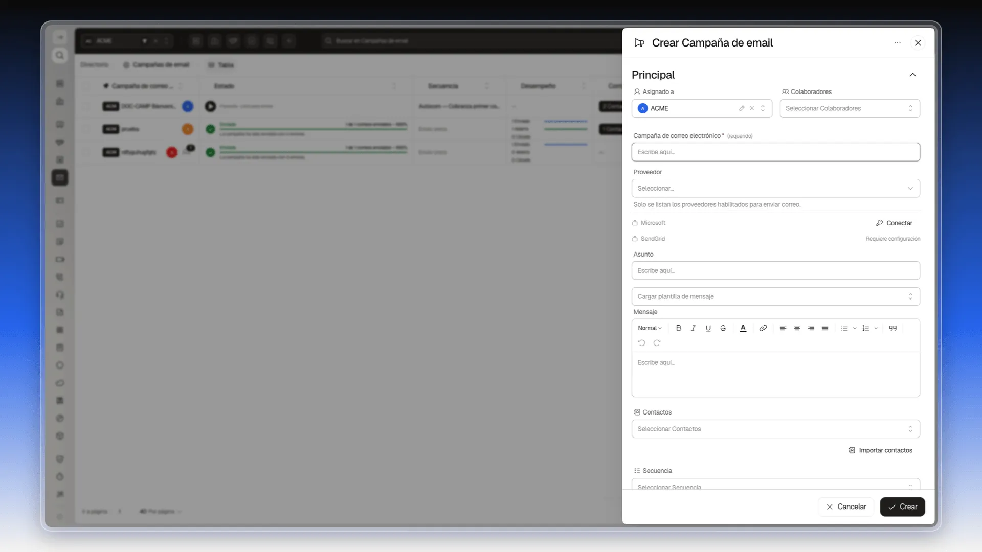 Panel Crear Campaña de email con la sección Principal abierta