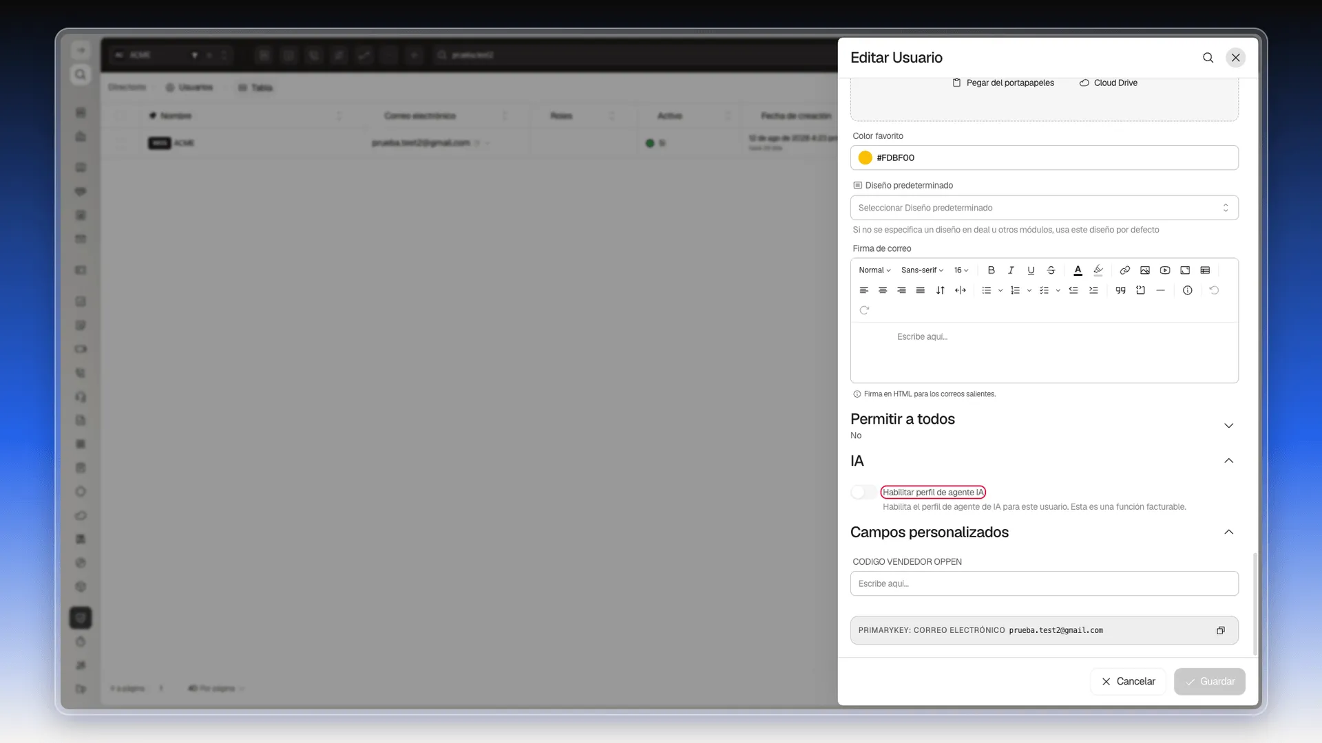Sección IA del formulario Editar Usuario con el interruptor Habilitar perfil de agente IA