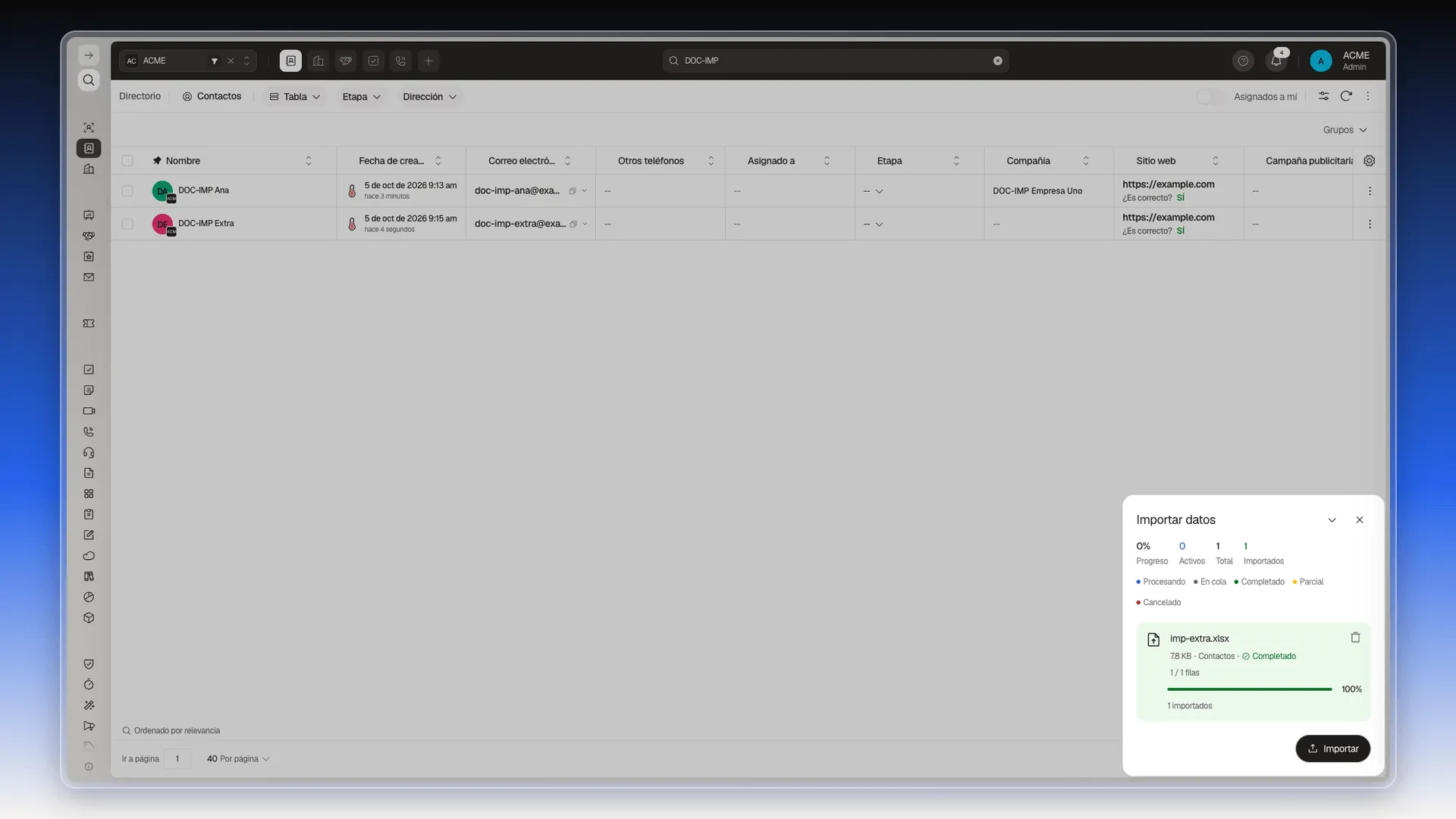 Panel Importar datos mostrando un archivo con una columna extra completado al 100%