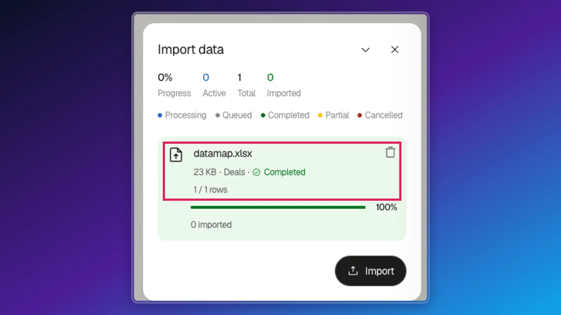 Import data panel with the file and result highlighted