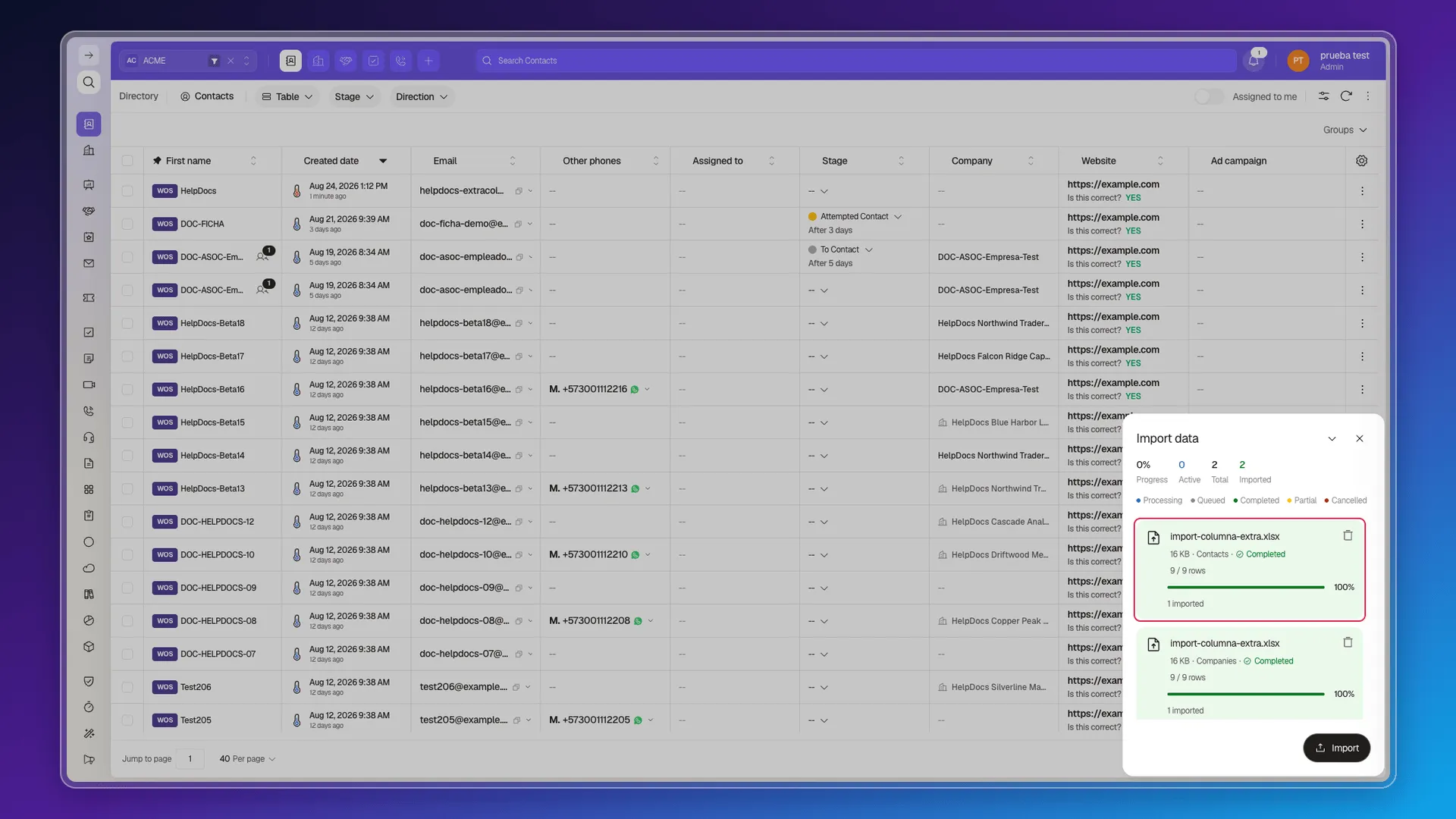 Import data panel showing a file with an extra column completed at 100%