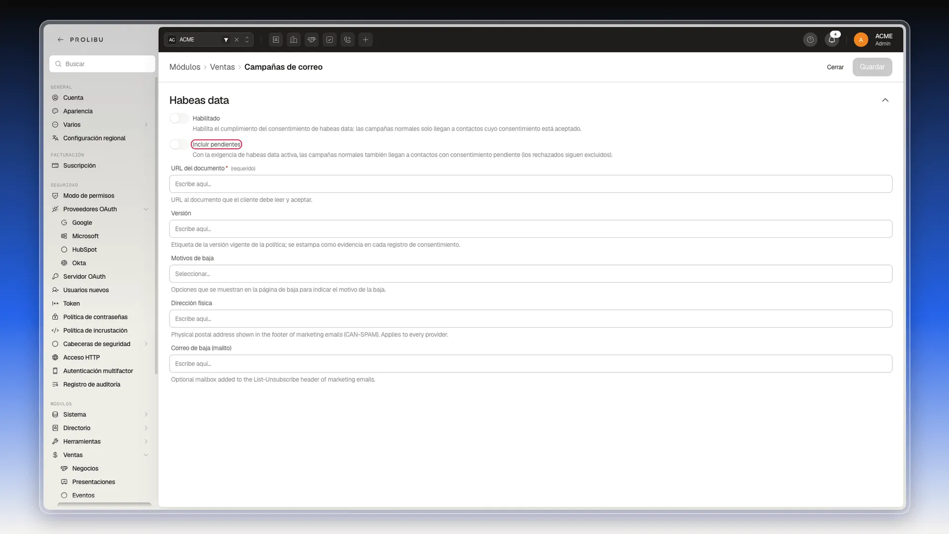 Interruptor Incluir pendientes resaltado en Habeas data