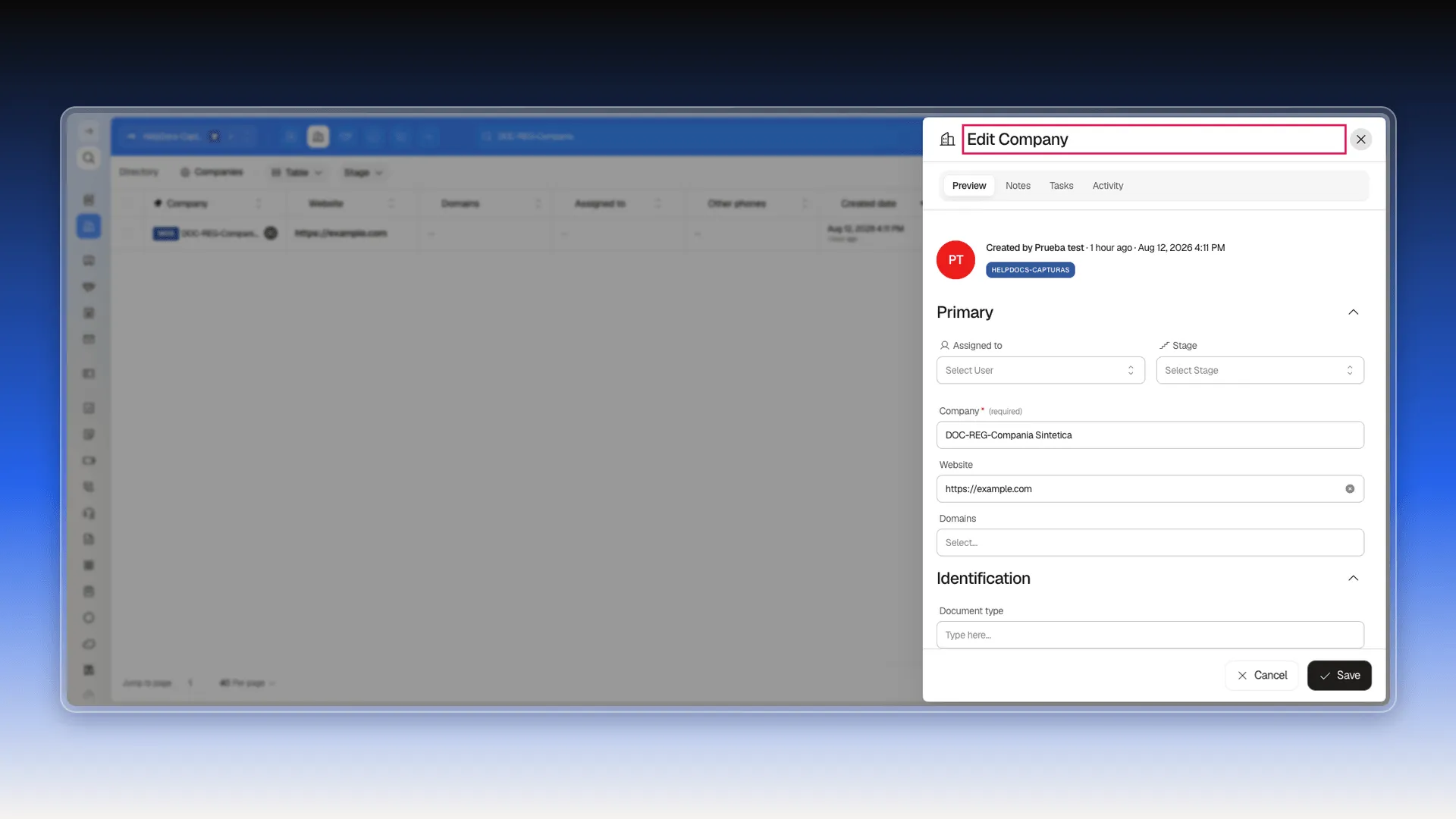 Edit Company record opened from a contact's Company field pencil icon