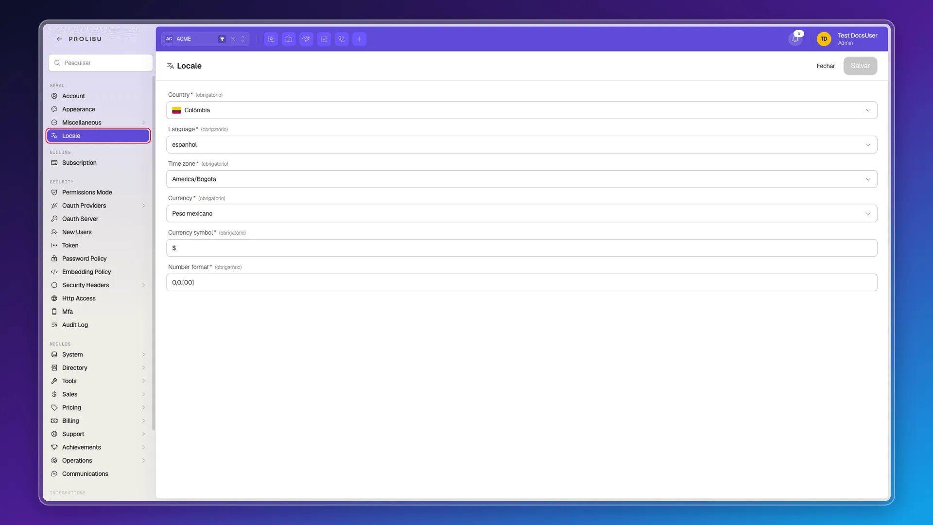 Formulário Locale com os campos Country, Language, Time zone, Currency, Currency symbol e Number format