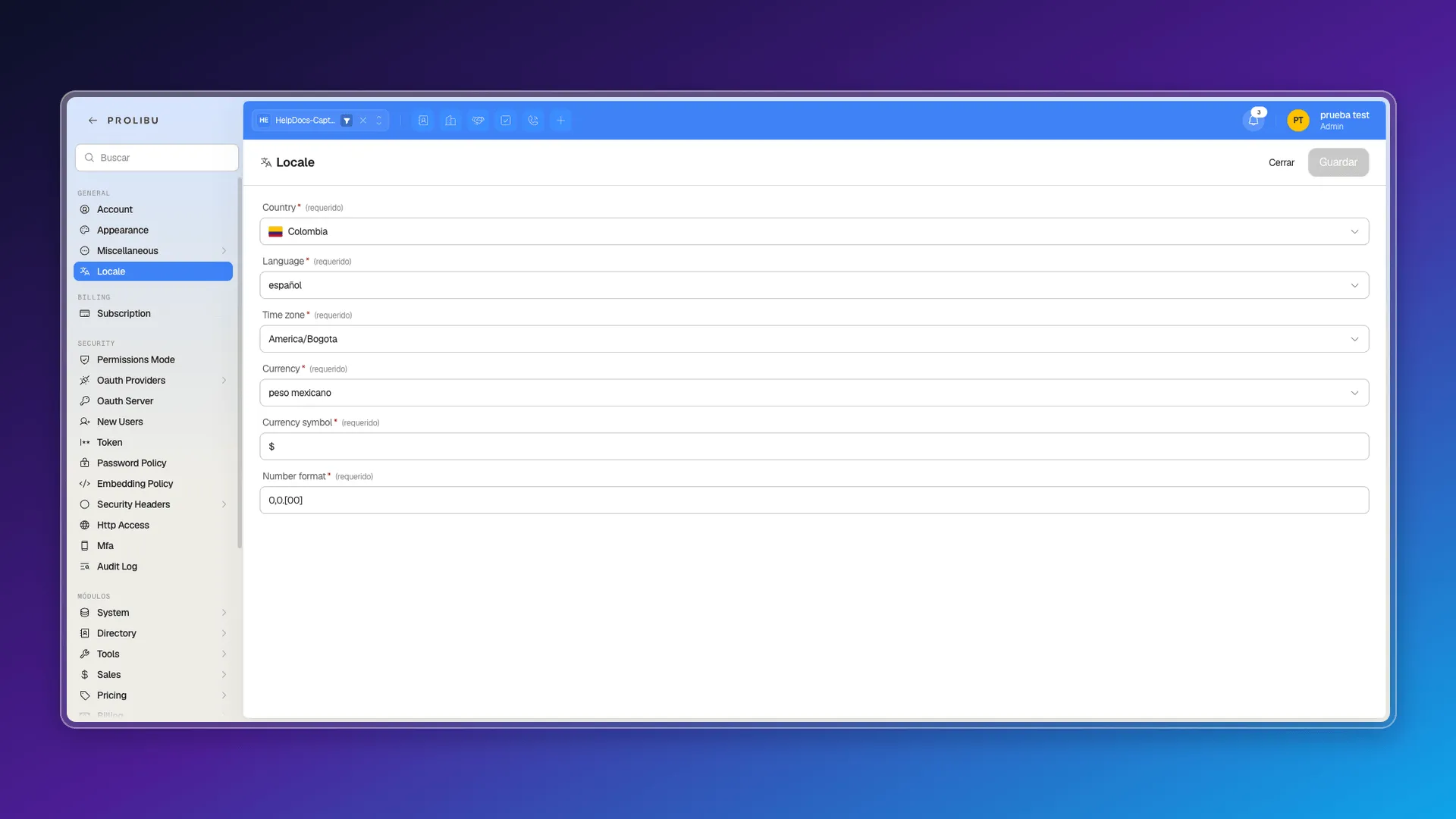 Locale form with the Country, Language, Time zone, Currency, Currency symbol, and Number format fields