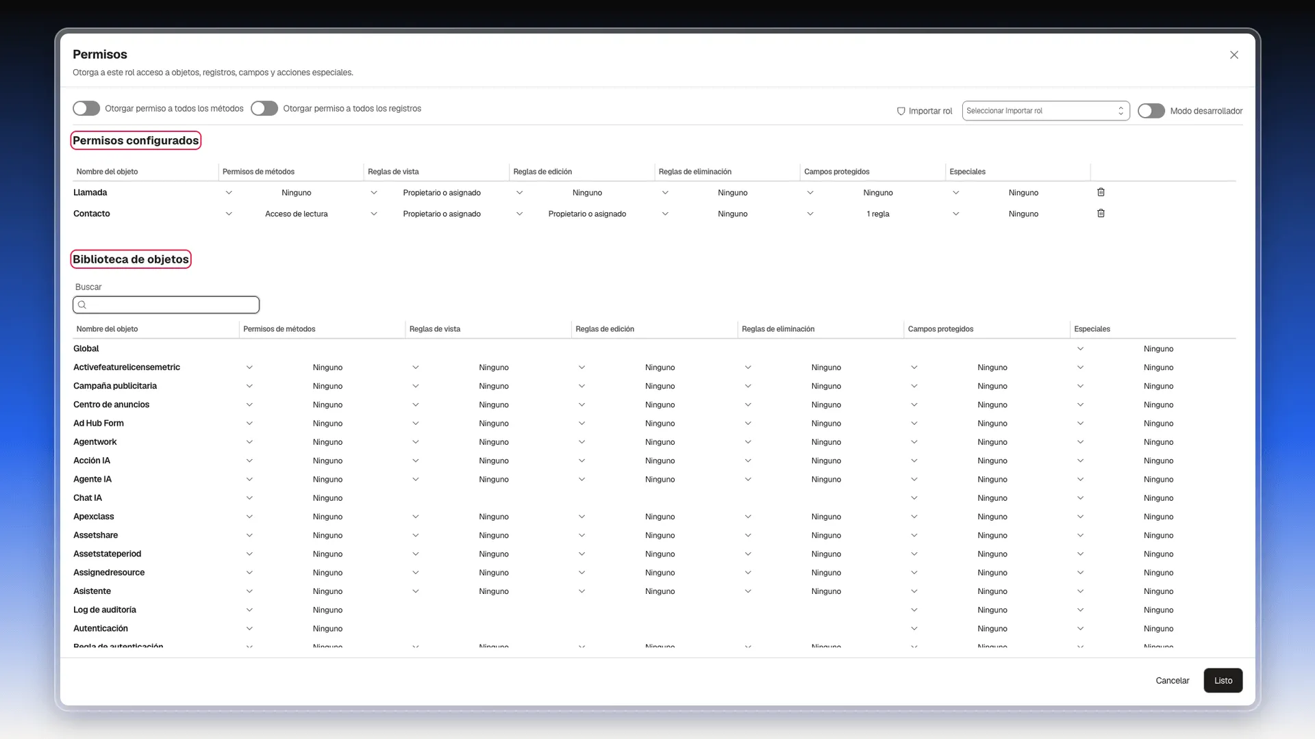 Editor Permisos con los títulos Permisos configurados y Biblioteca de objetos resaltados; arriba, Llamada y Contacto ya configurados
