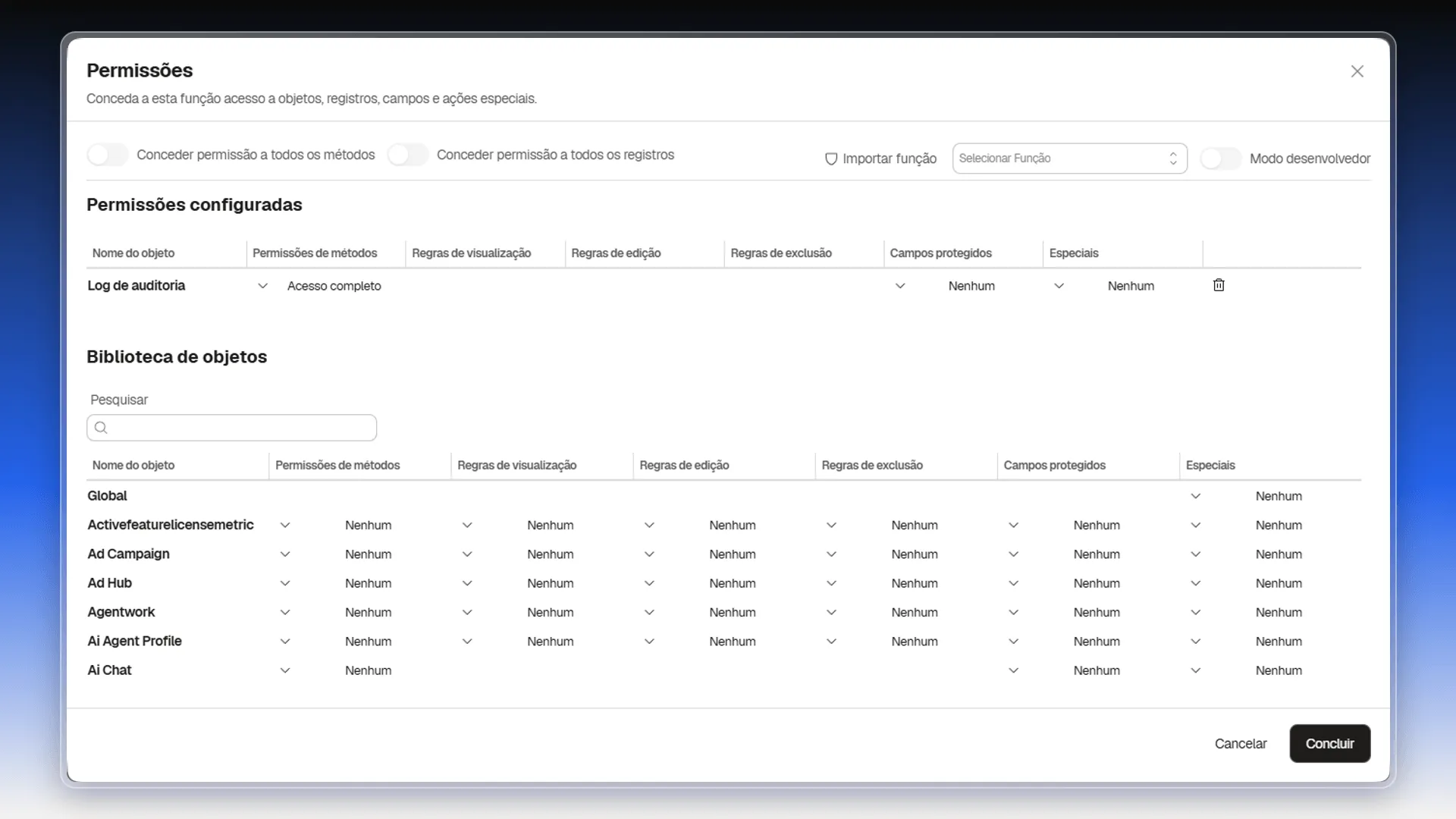 Editor Permissões com as tabelas Permissões configuradas e Biblioteca de objetos