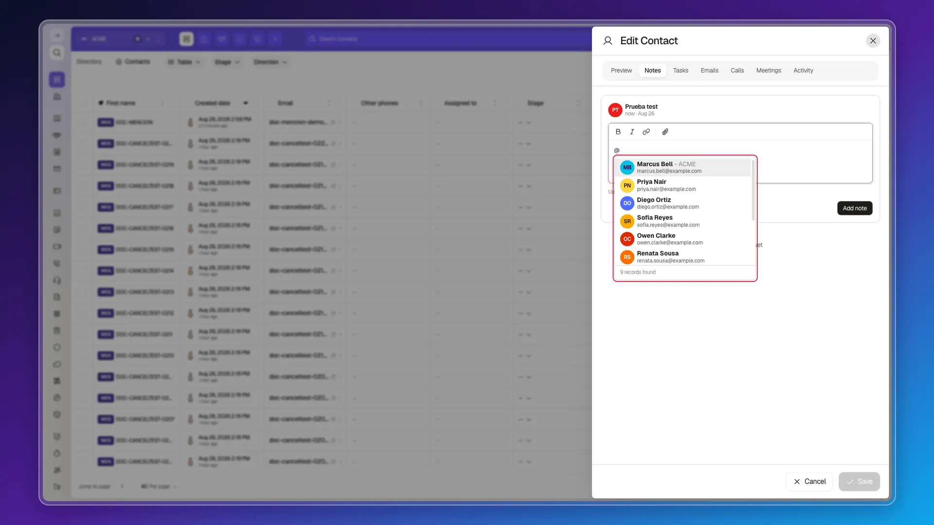 Mention suggestions panel highlighted, with each result's avatar, name and email and the total at the bottom
