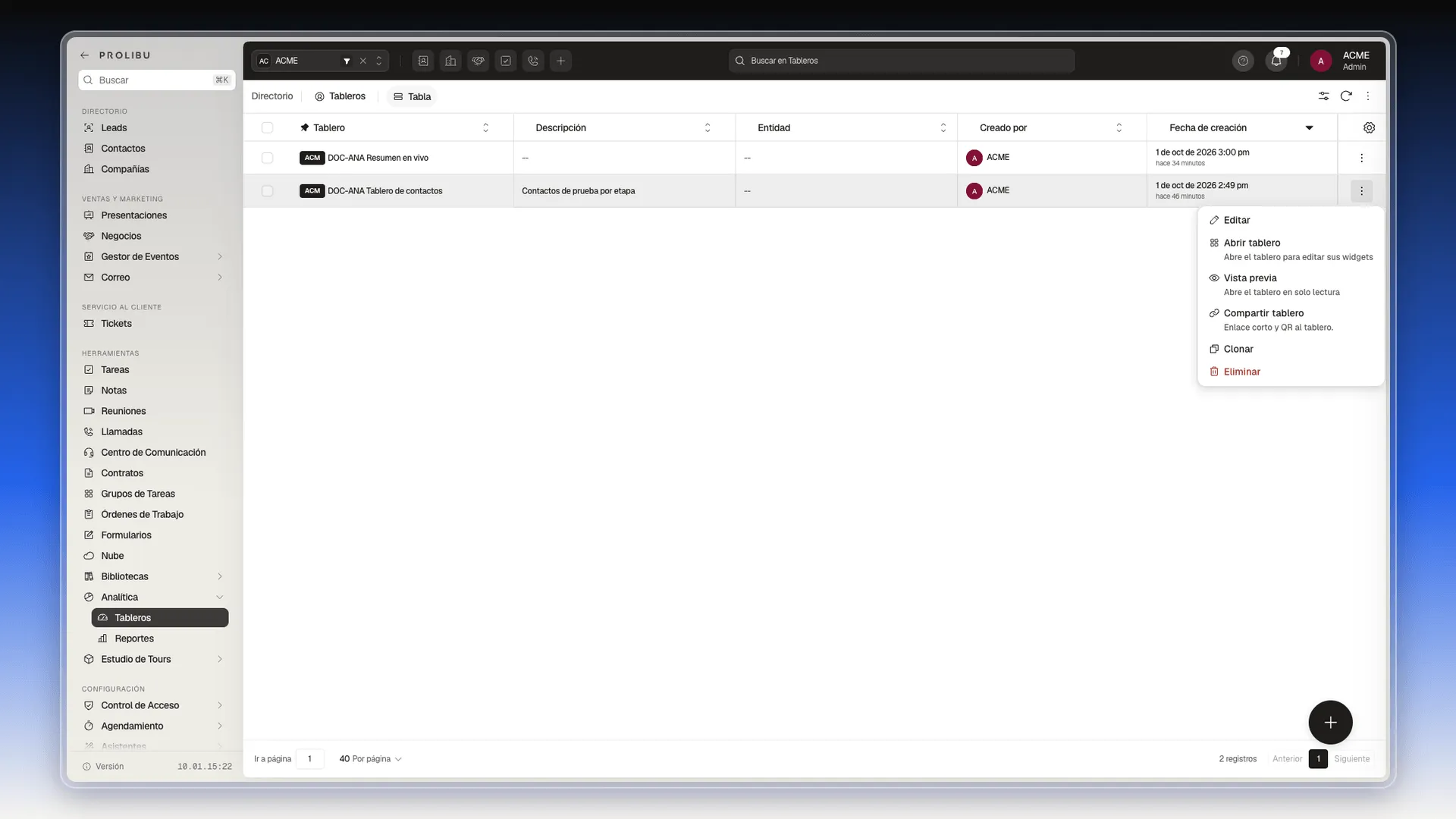 Menú de tres puntos de un tablero con Editar, Abrir tablero, Vista previa, Compartir tablero, Clonar y Eliminar