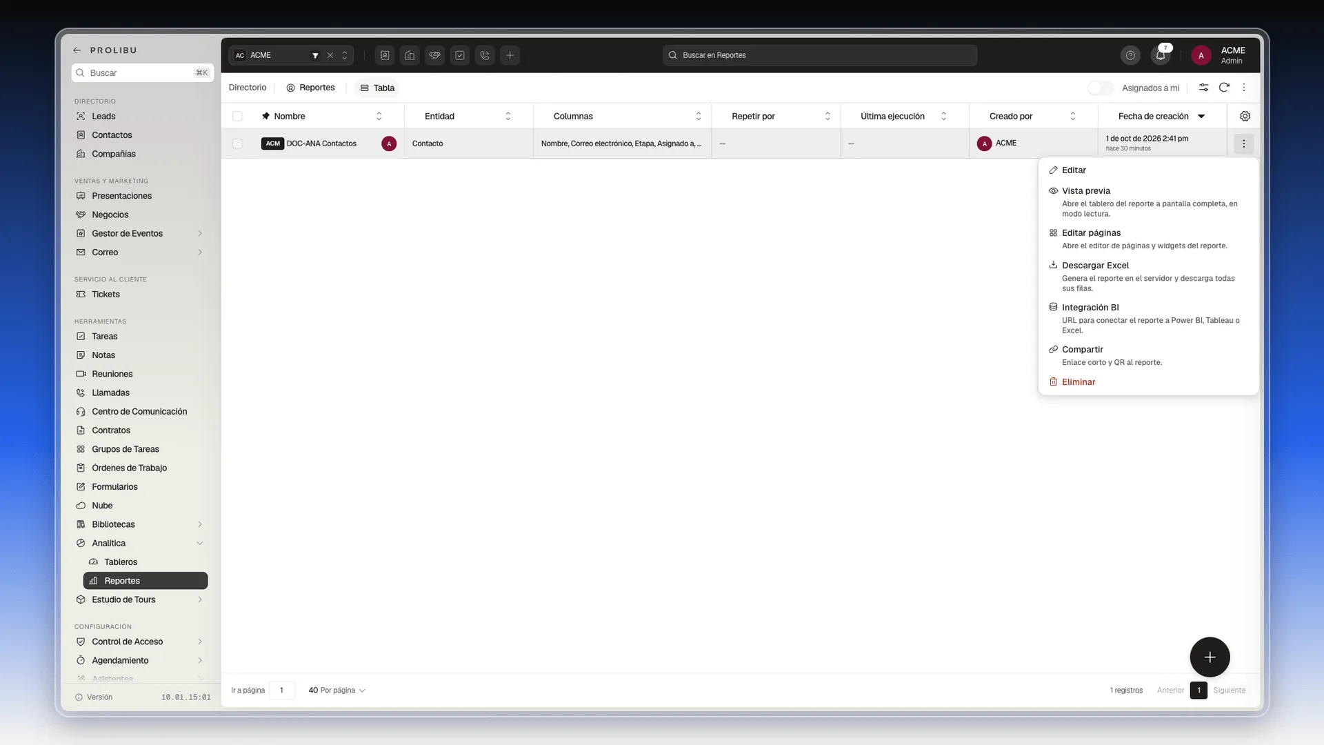 Menú de tres puntos de un reporte con Editar, Vista previa, Editar páginas, Descargar Excel, Integración BI, Compartir y Eliminar
