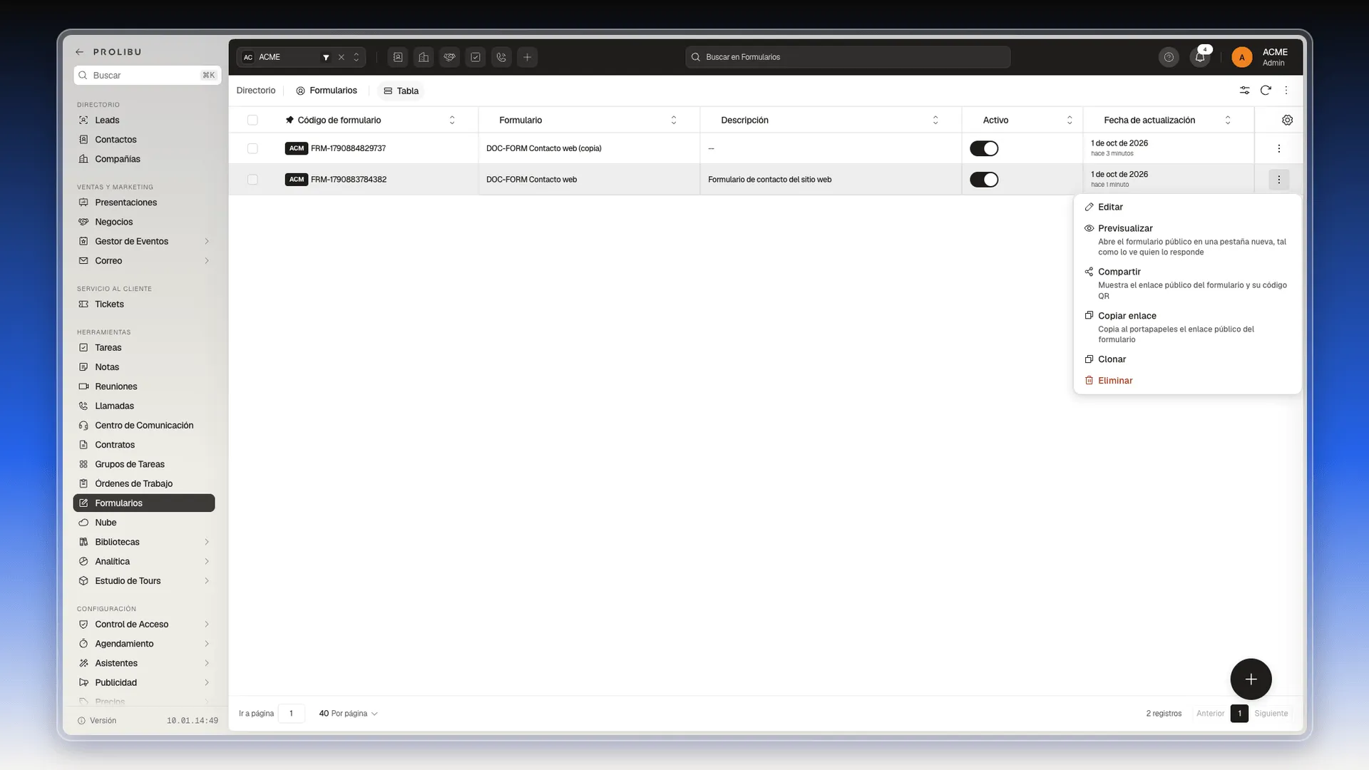 Menú de tres puntos de una fila con Editar, Previsualizar, Compartir, Copiar enlace, Clonar y Eliminar