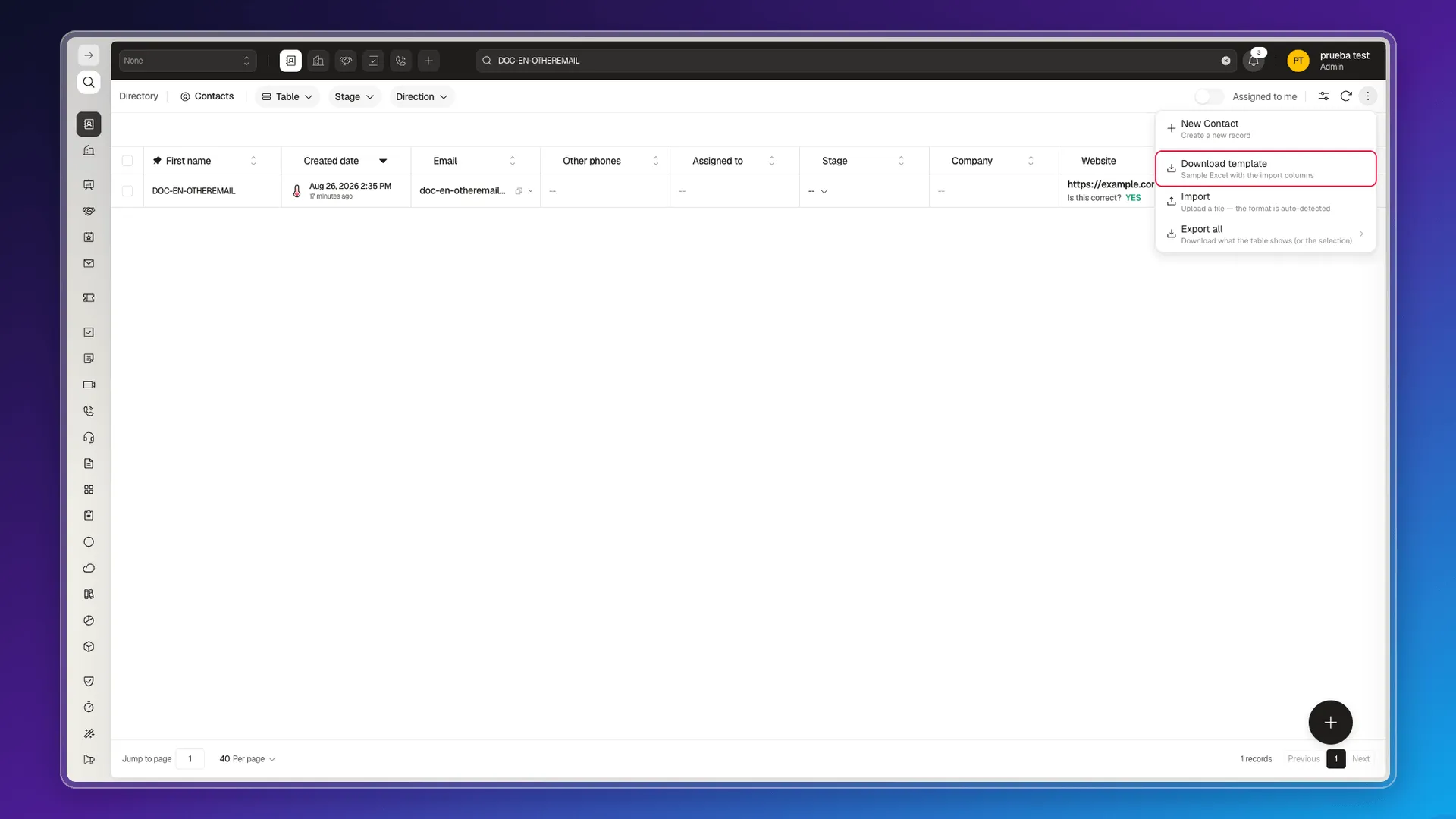 More actions menu with the Download template option highlighted