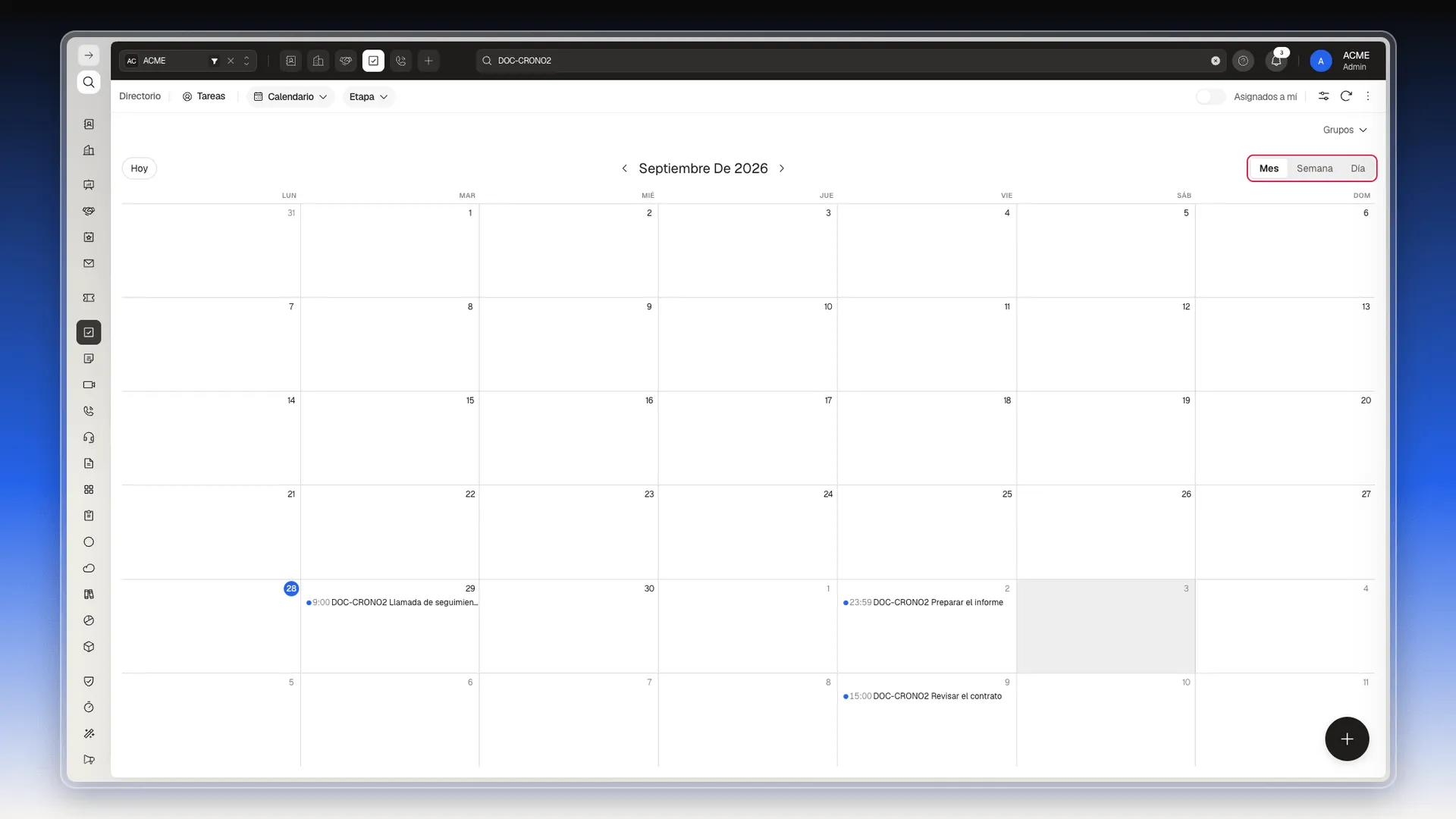Selector Mes, Semana y Día del calendario de Tareas, resaltado
