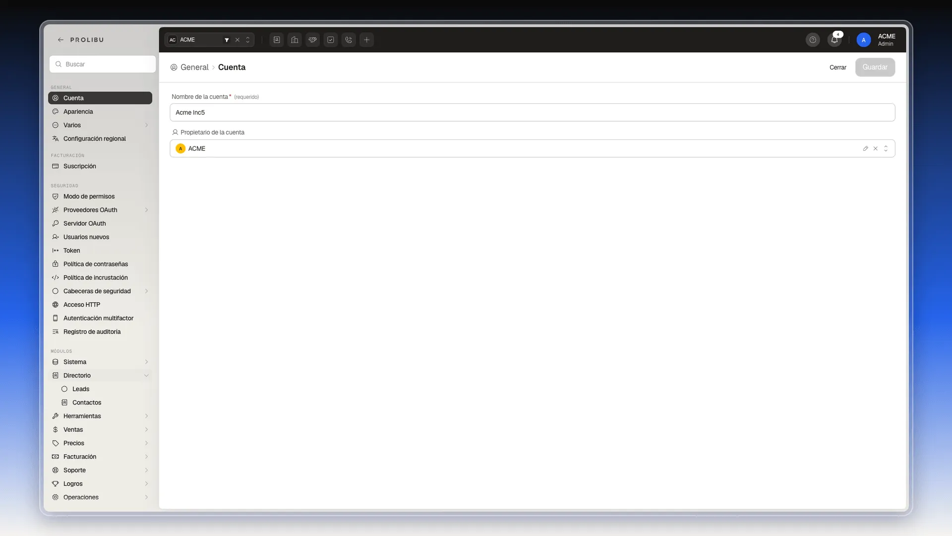 Preferencias con el grupo Módulos y Directorio desplegado, con las entradas Leads y Contactos