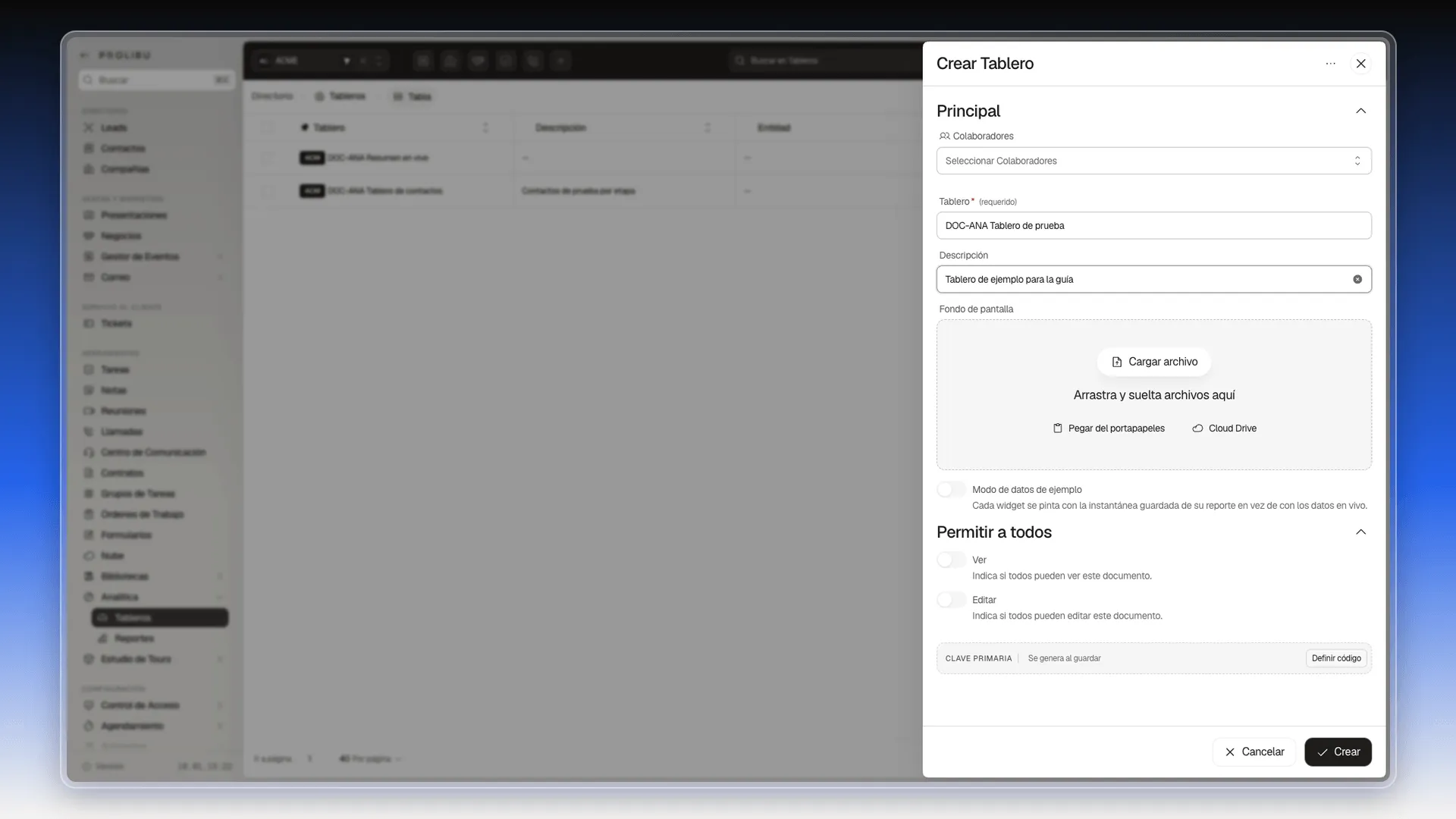 Panel Crear Tablero con el nombre DOC-ANA Tablero de prueba y la descripción Tablero de ejemplo para la guía