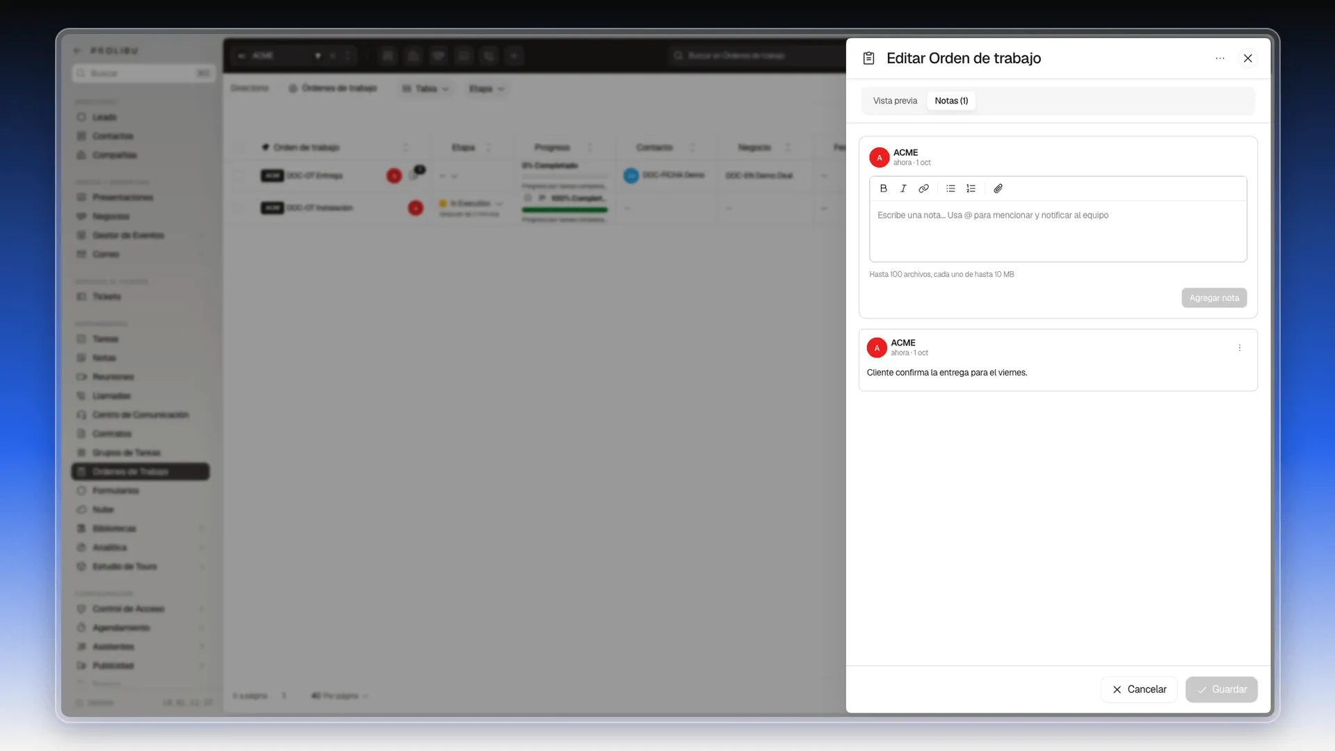 Pestaña Notas con una nota guardada y el contador Notas (1)