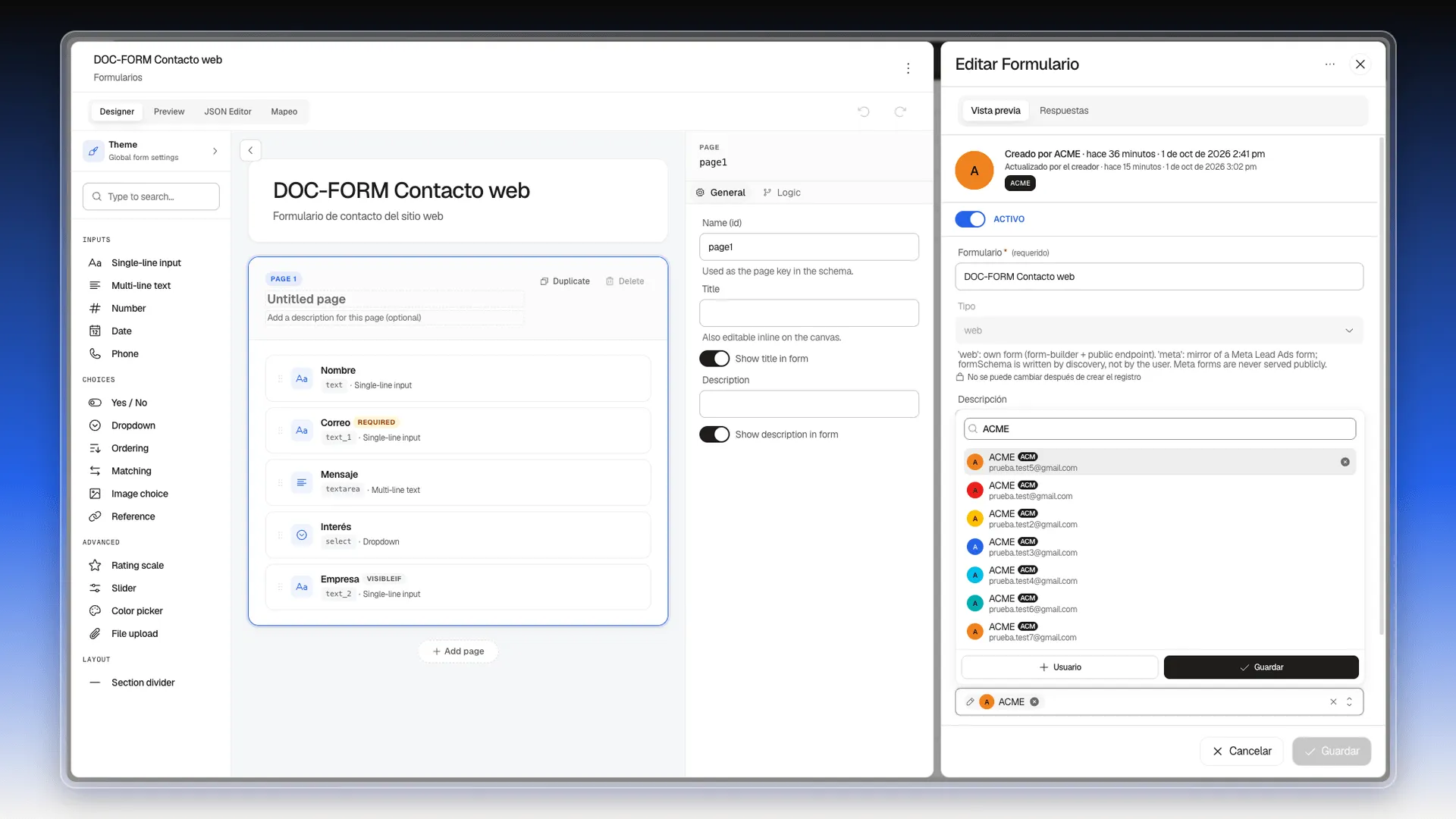 Lista Notificar al enviar abierta y filtrada con ACME, que muestra las cuentas de prueba