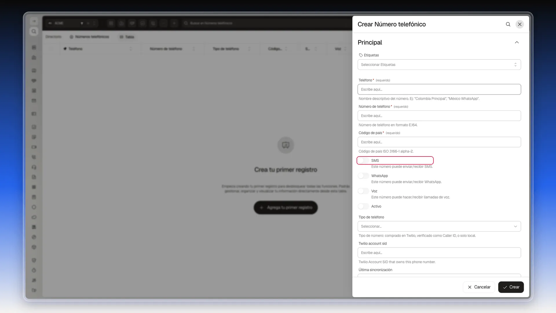 Formulario Crear Número telefónico con el interruptor SMS resaltado