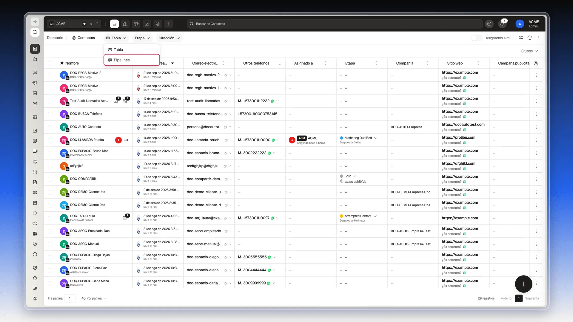 Selector de vista abierto con las opciones Tabla y Pipelines, con Pipelines marcada con un recuadro rojo