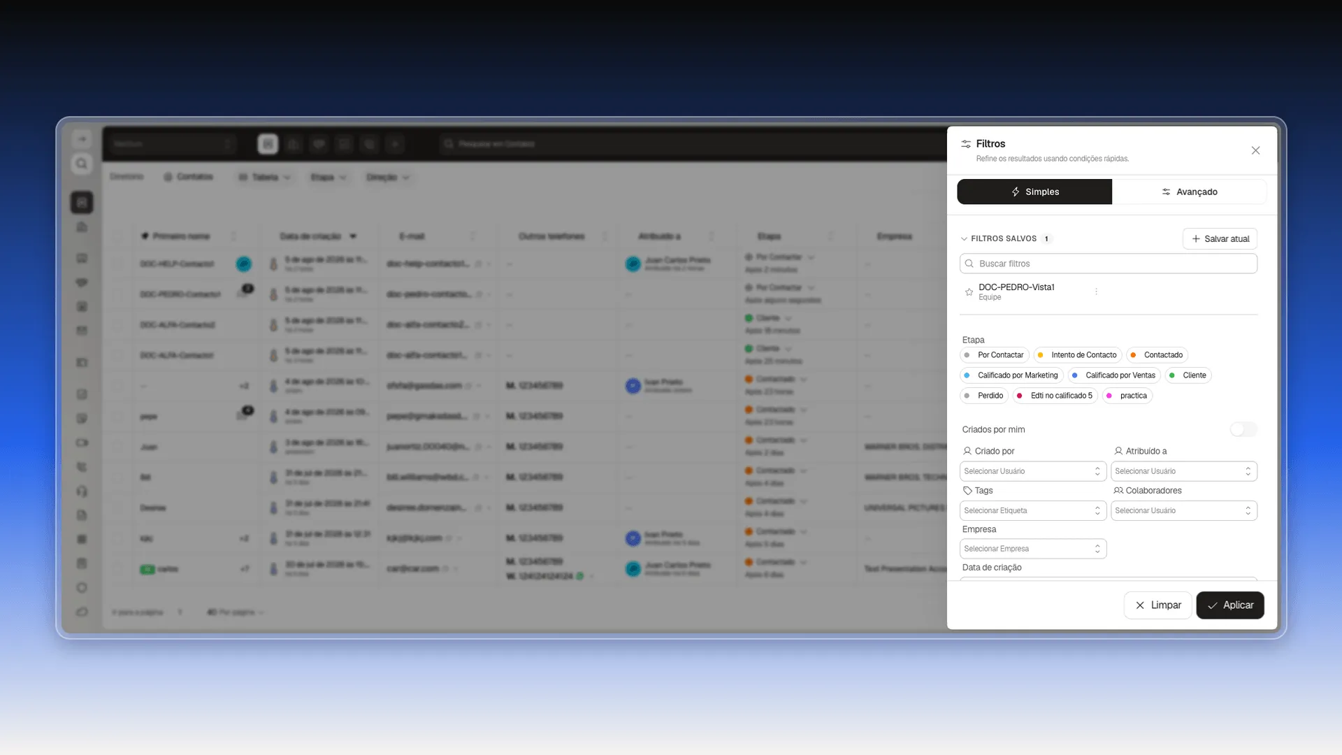 Painel de Filtros com a seção Filtros salvos listando um filtro salvo, aplicado