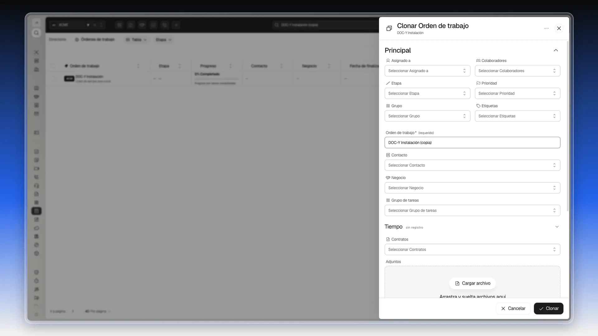 Panel Clonar Orden de trabajo con el nombre nuevo escrito