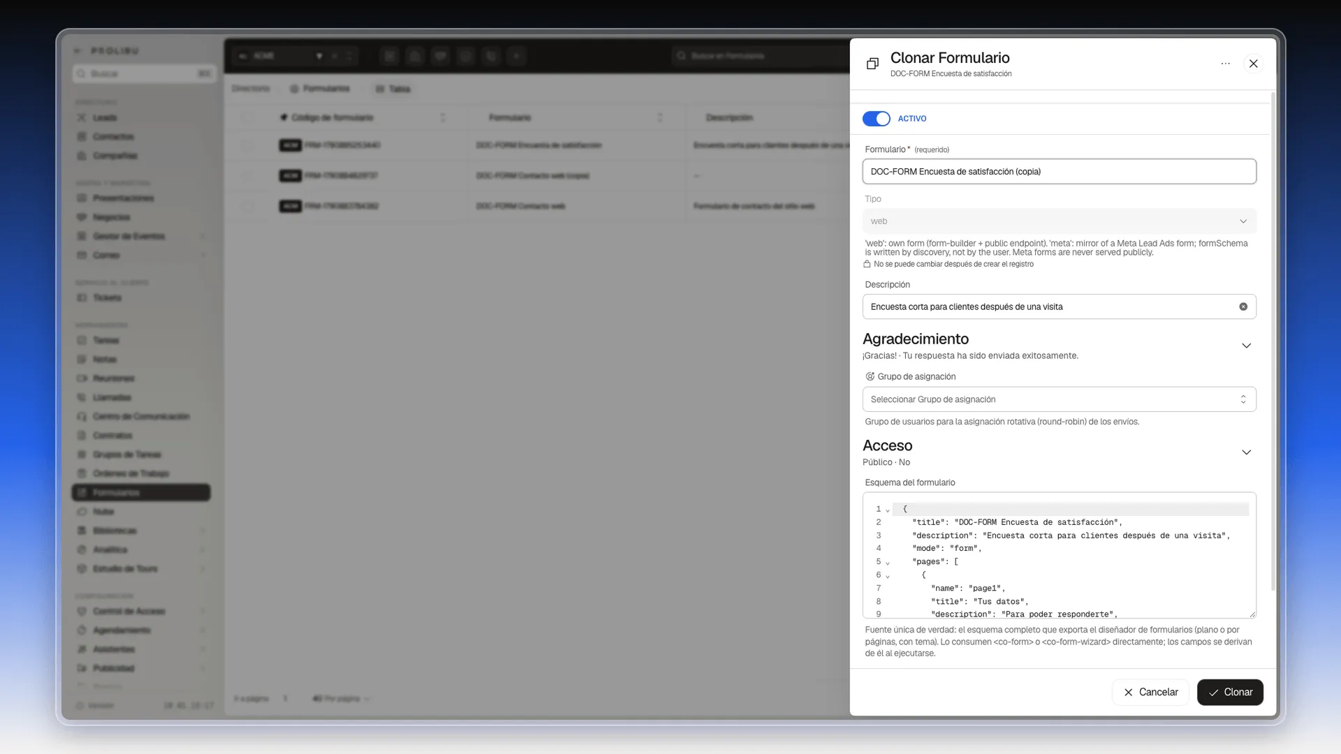 Panel Clonar Formulario con el nombre cambiado a DOC-FORM Encuesta de satisfacción (copia)
