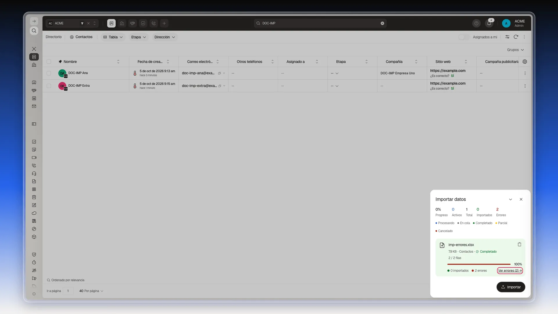 Panel Importar datos con una carga de Contactos que terminó con 2 errores y el enlace Ver errores (2) resaltado
