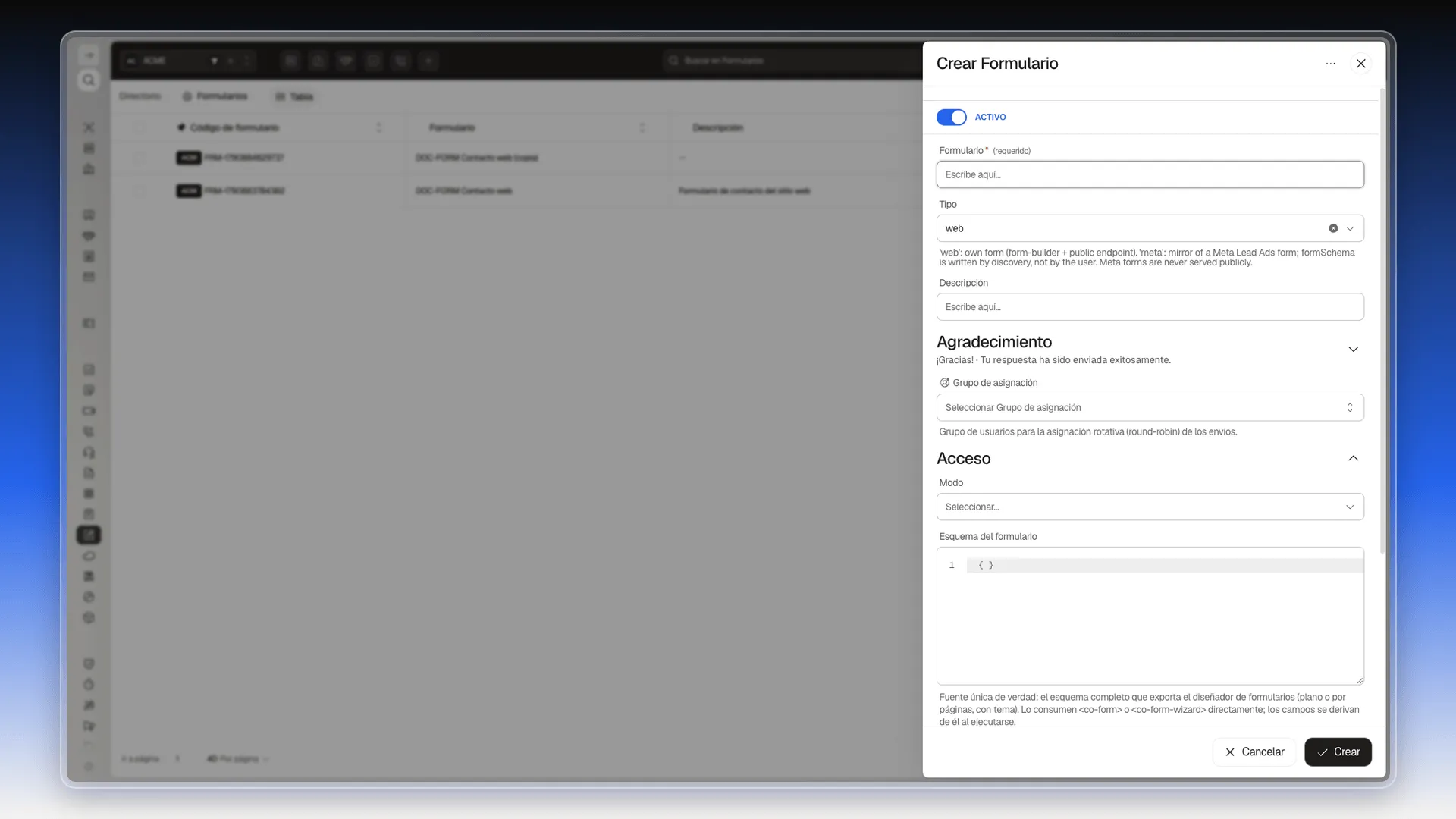 Panel Crear Formulario vacío con Activo, Formulario, Tipo, Descripción, Agradecimiento, Grupo de asignación, Acceso y Esquema del formulario